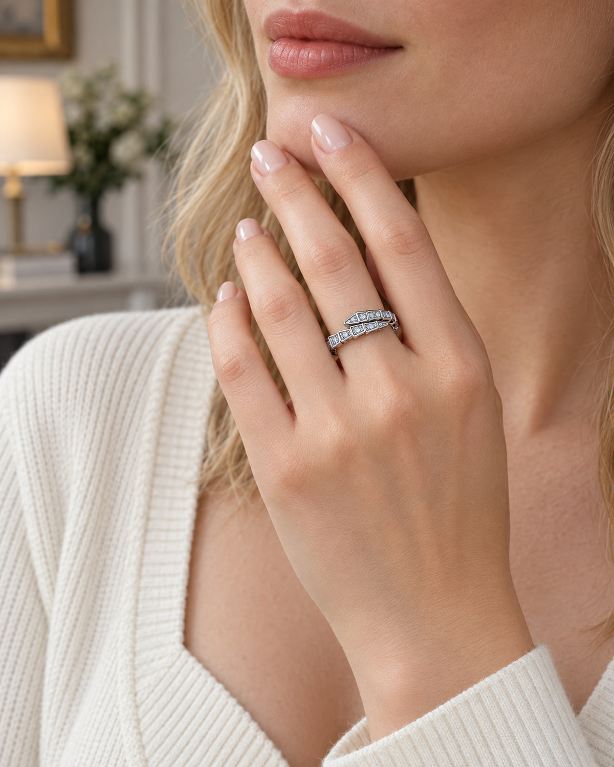 Woman wearing silver tone double-row moissanite snake ring