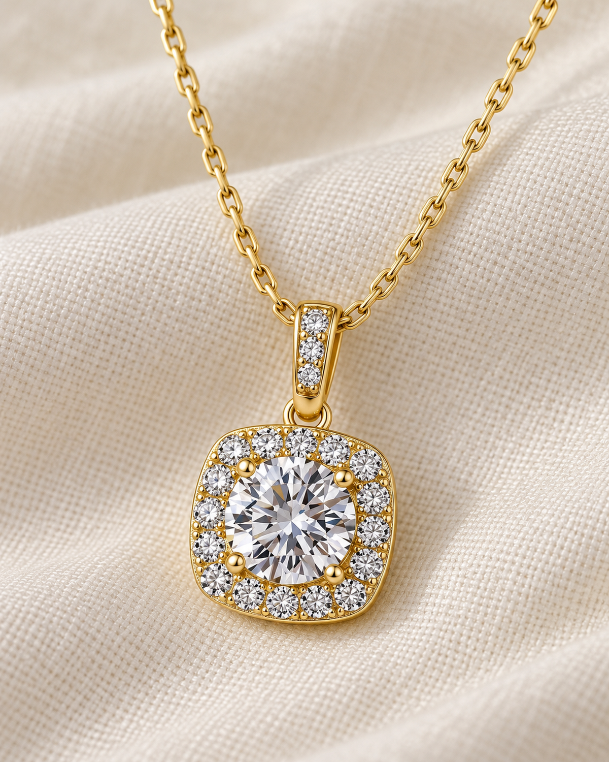 Gold-tone moissanite necklace on ivory linen