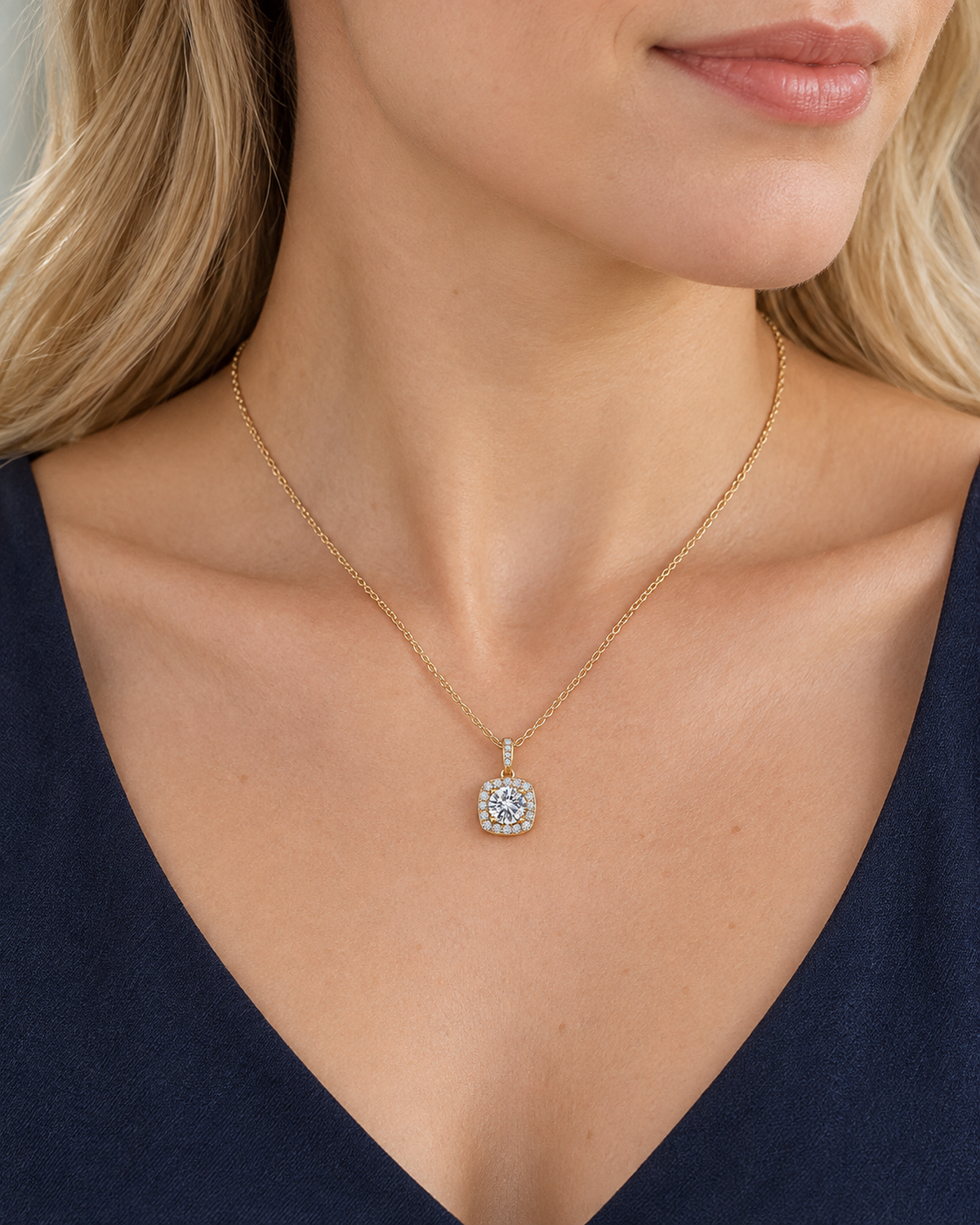 Gold-tone square halo necklace worn with a navy top
