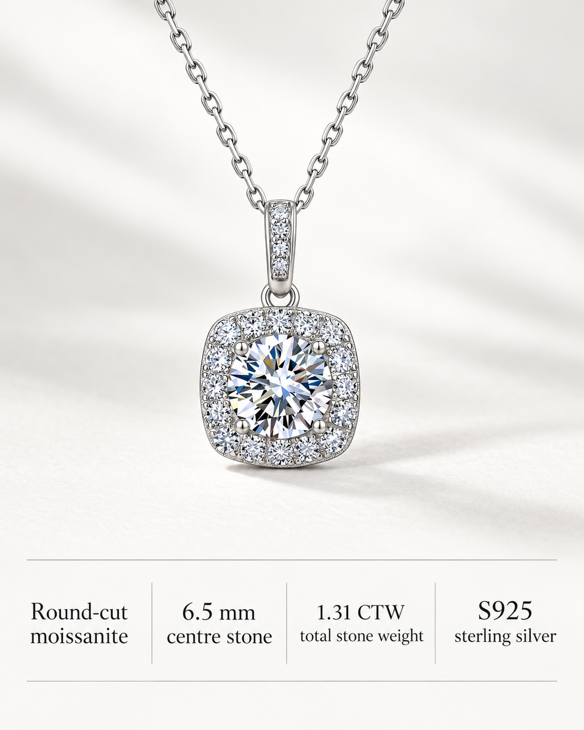 Round-cut moissanite necklace with 6.5 mm centre stone and 1.31 CTW total stone weight