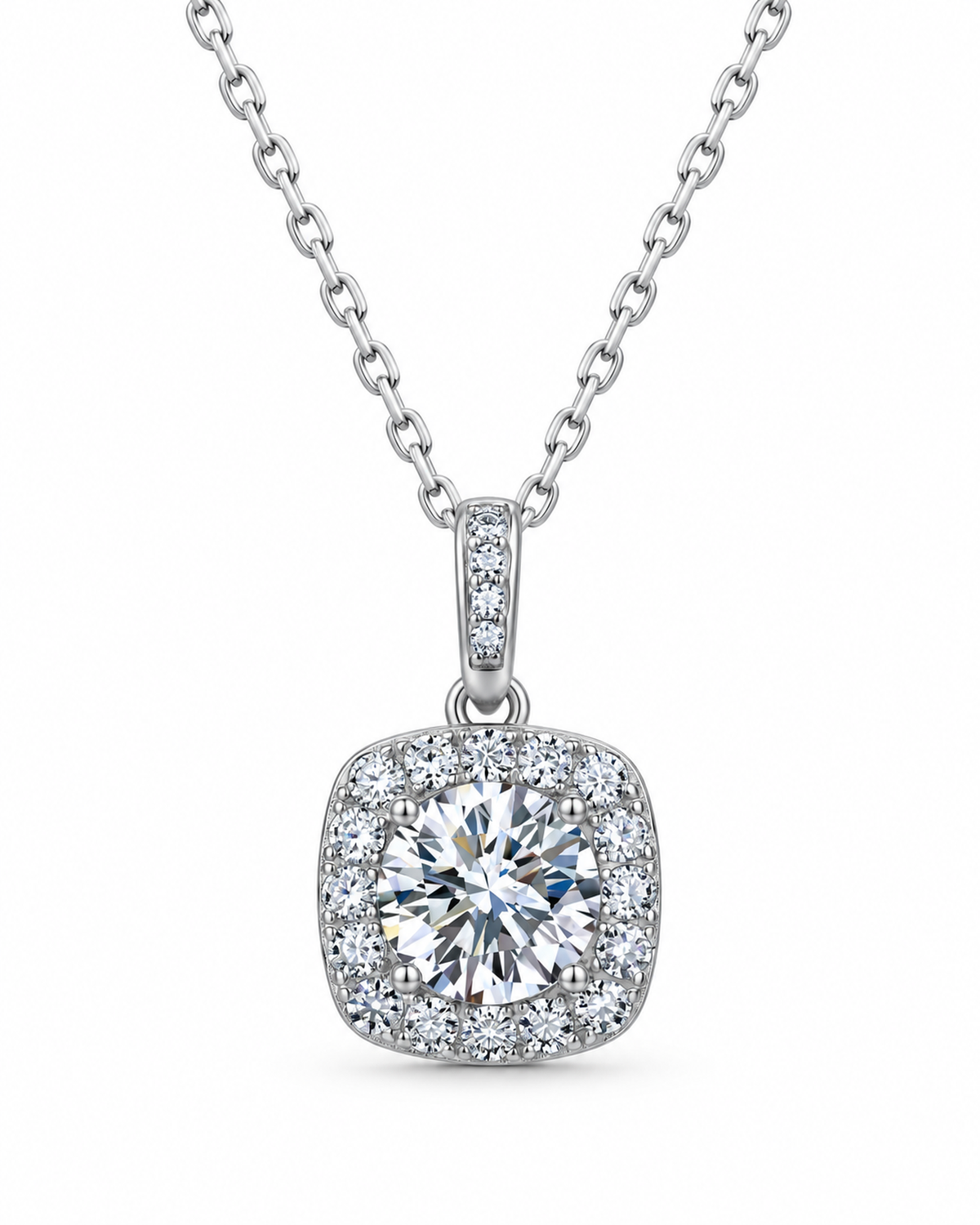 Silver-tone square halo moissanite pendant necklace