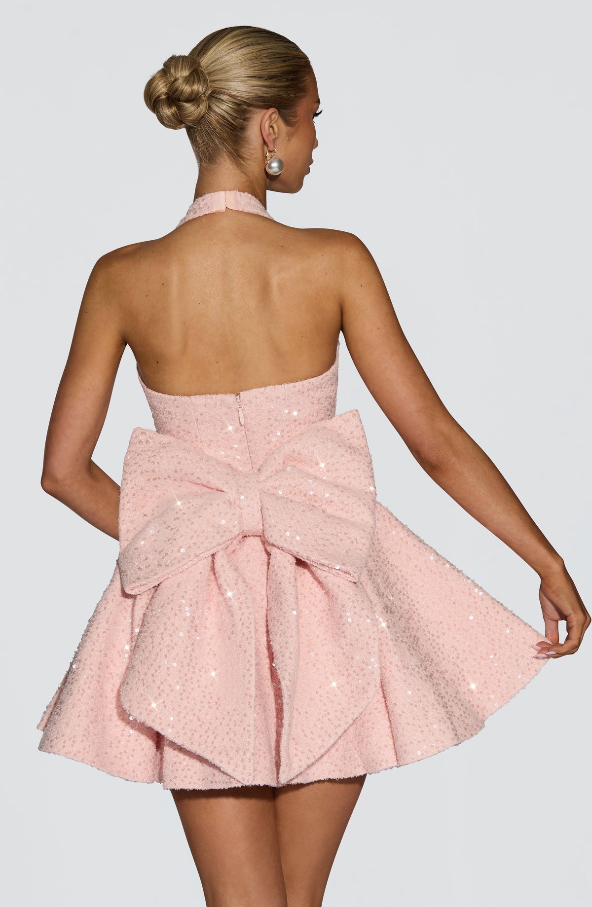 M.T Women's Dress Bow Halter Mini Blush Sequin Tweed Party