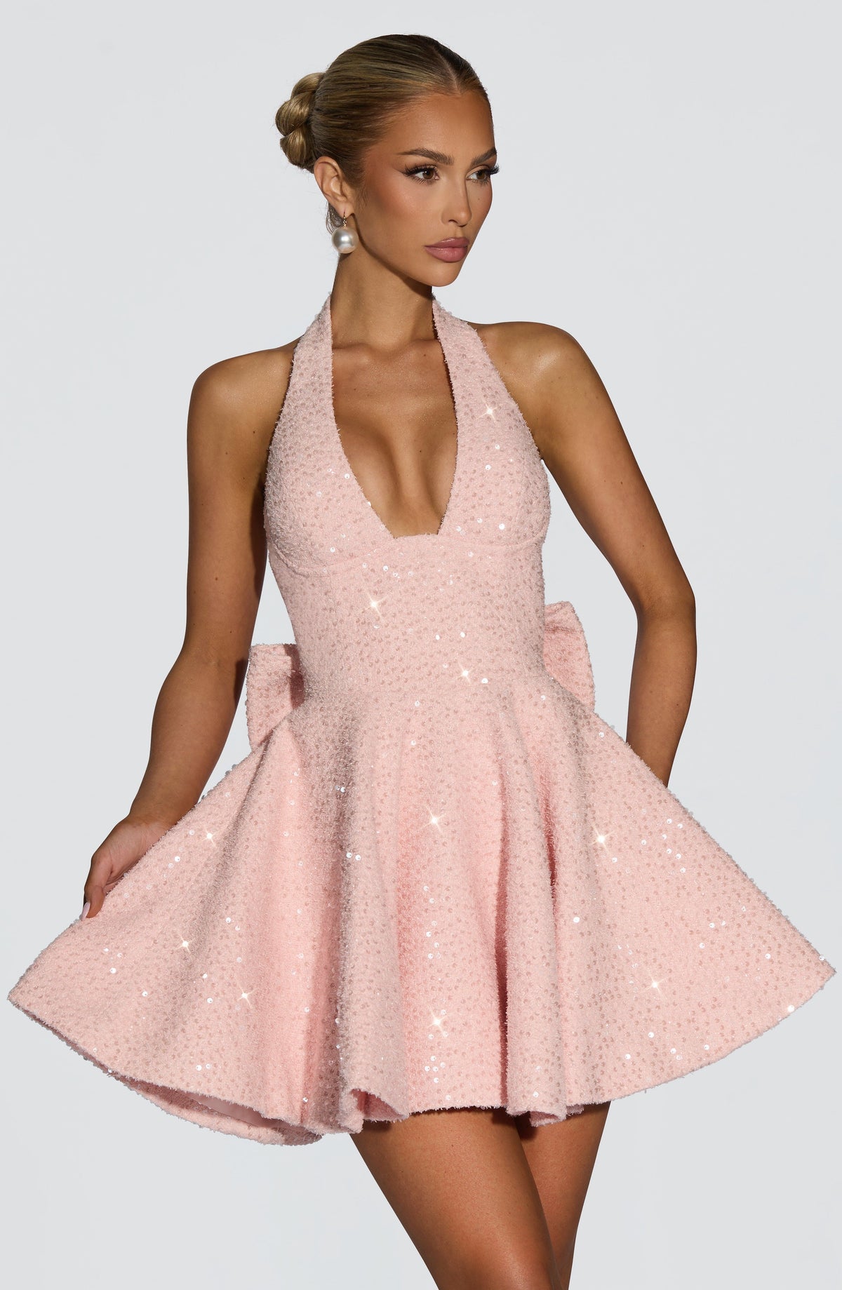 M.T Women's Dress Bow Halter Mini Blush Sequin Tweed Party