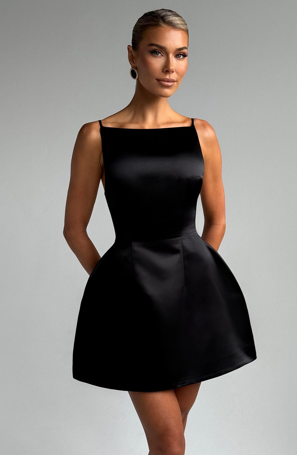 R.F Women's Dress Tate Bubble Hem Black Satin Party