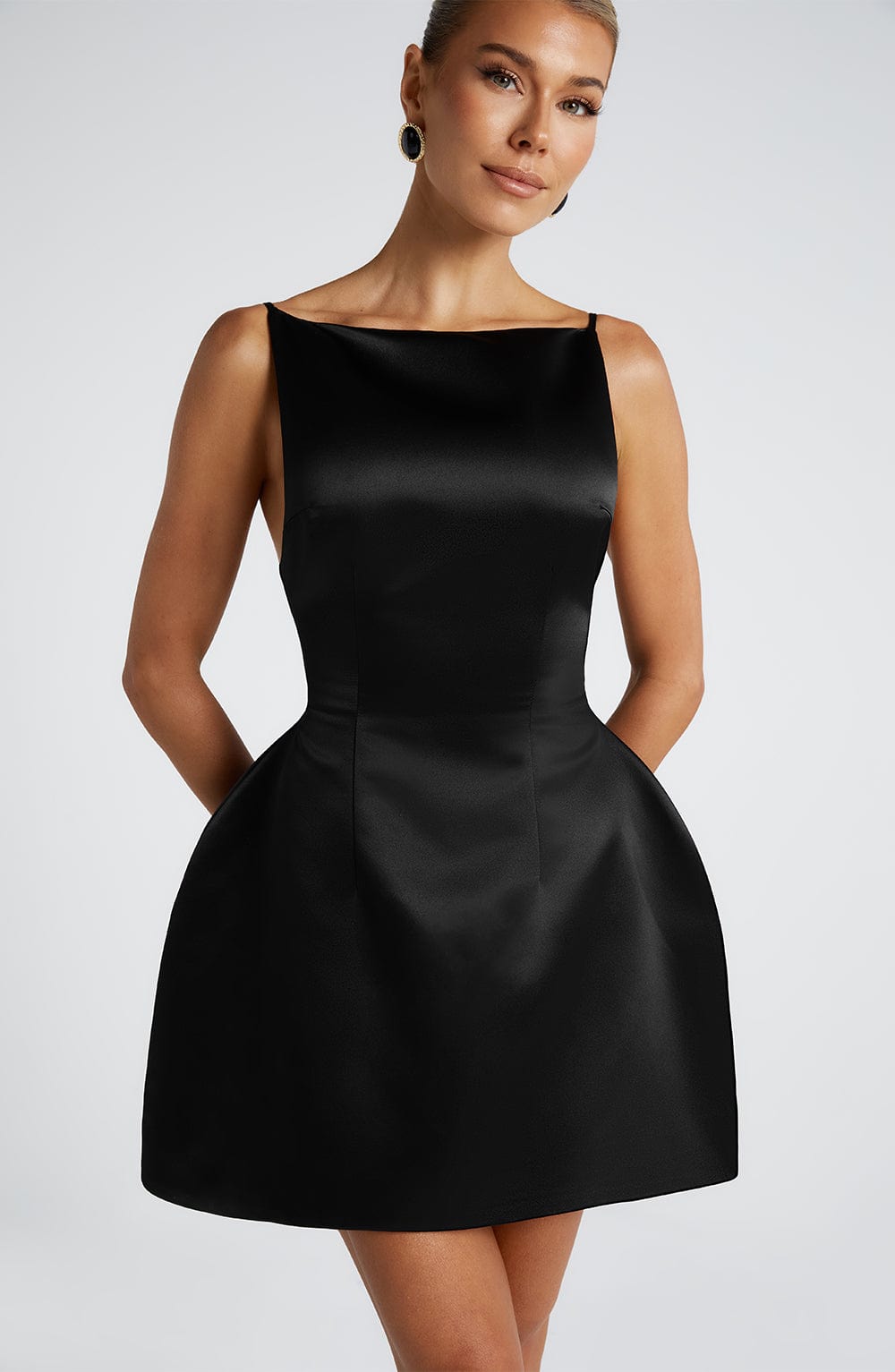 R.F Women's Dress Tate Bubble Hem Black Satin Party