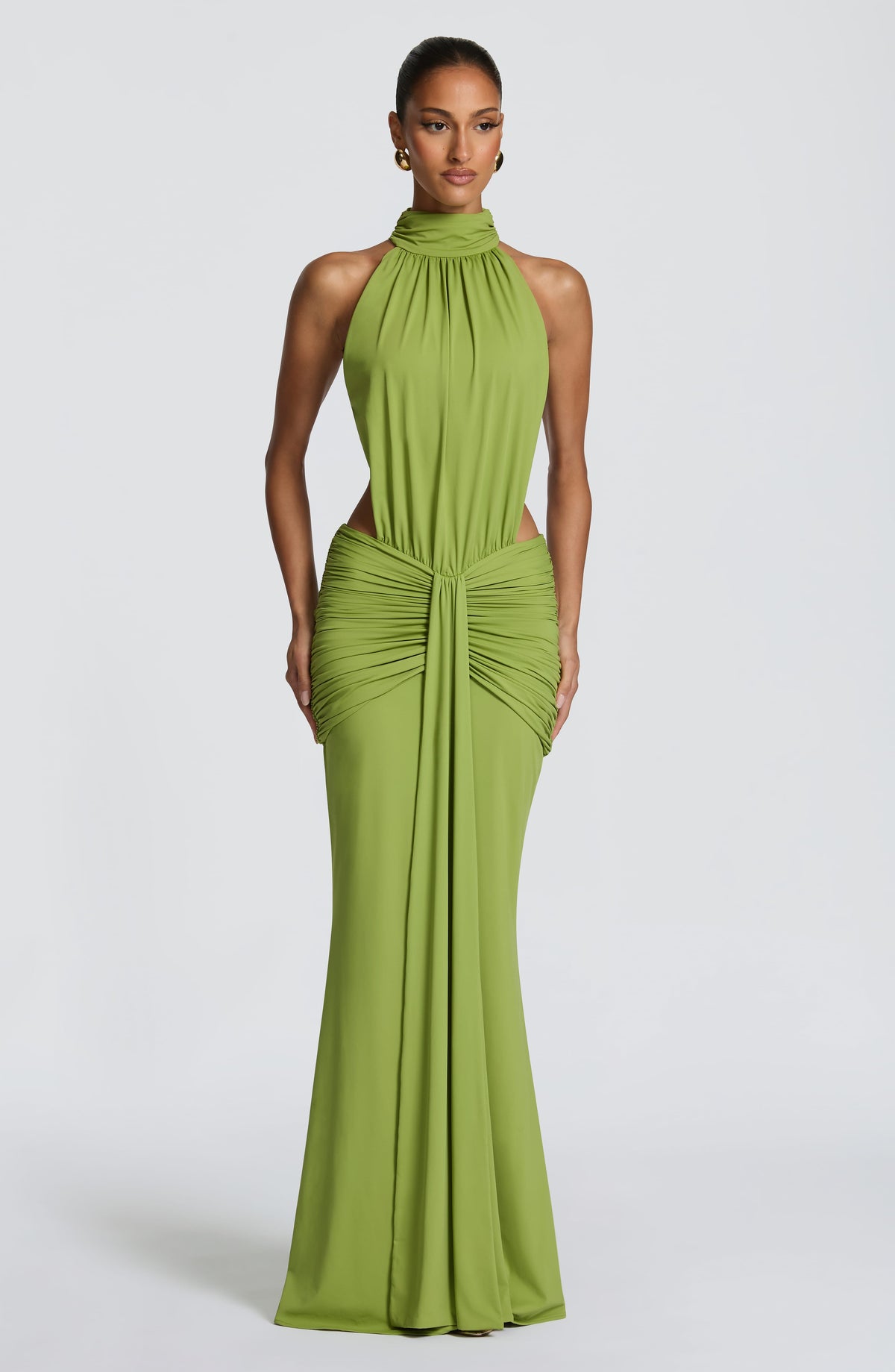 DIA Women's Dress Maxi Ruched Olive Slinky Jersey Evening