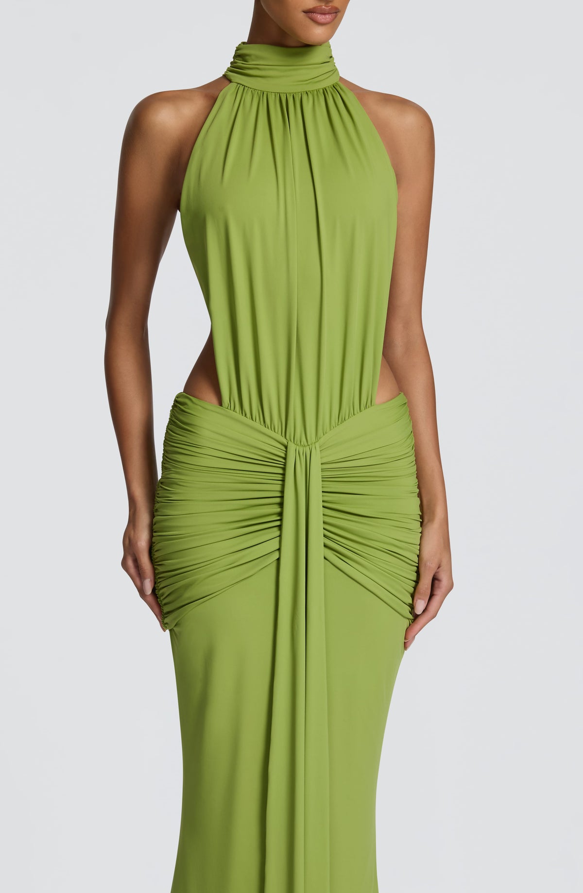 DIA Women's Dress Maxi Ruched Olive Slinky Jersey Evening