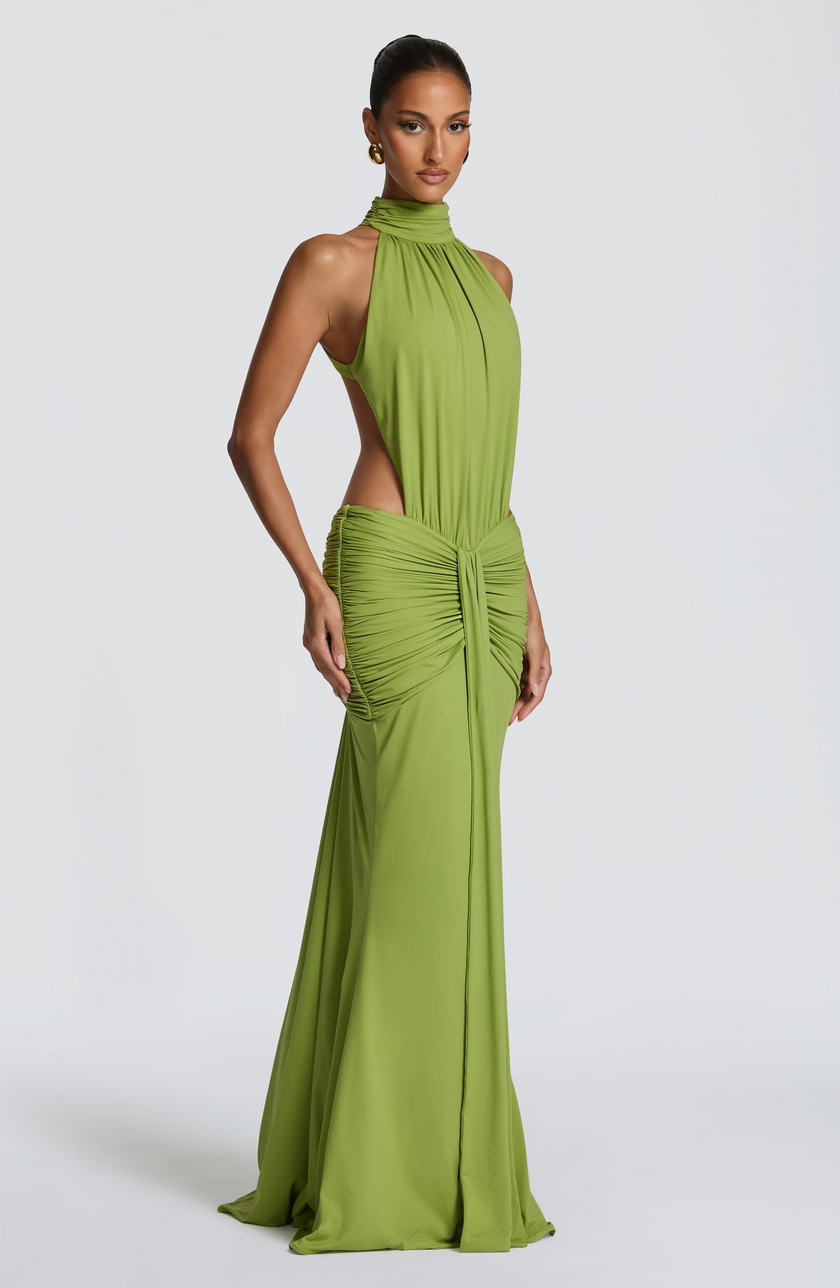 DIA Women's Dress Maxi Ruched Olive Slinky Jersey Evening