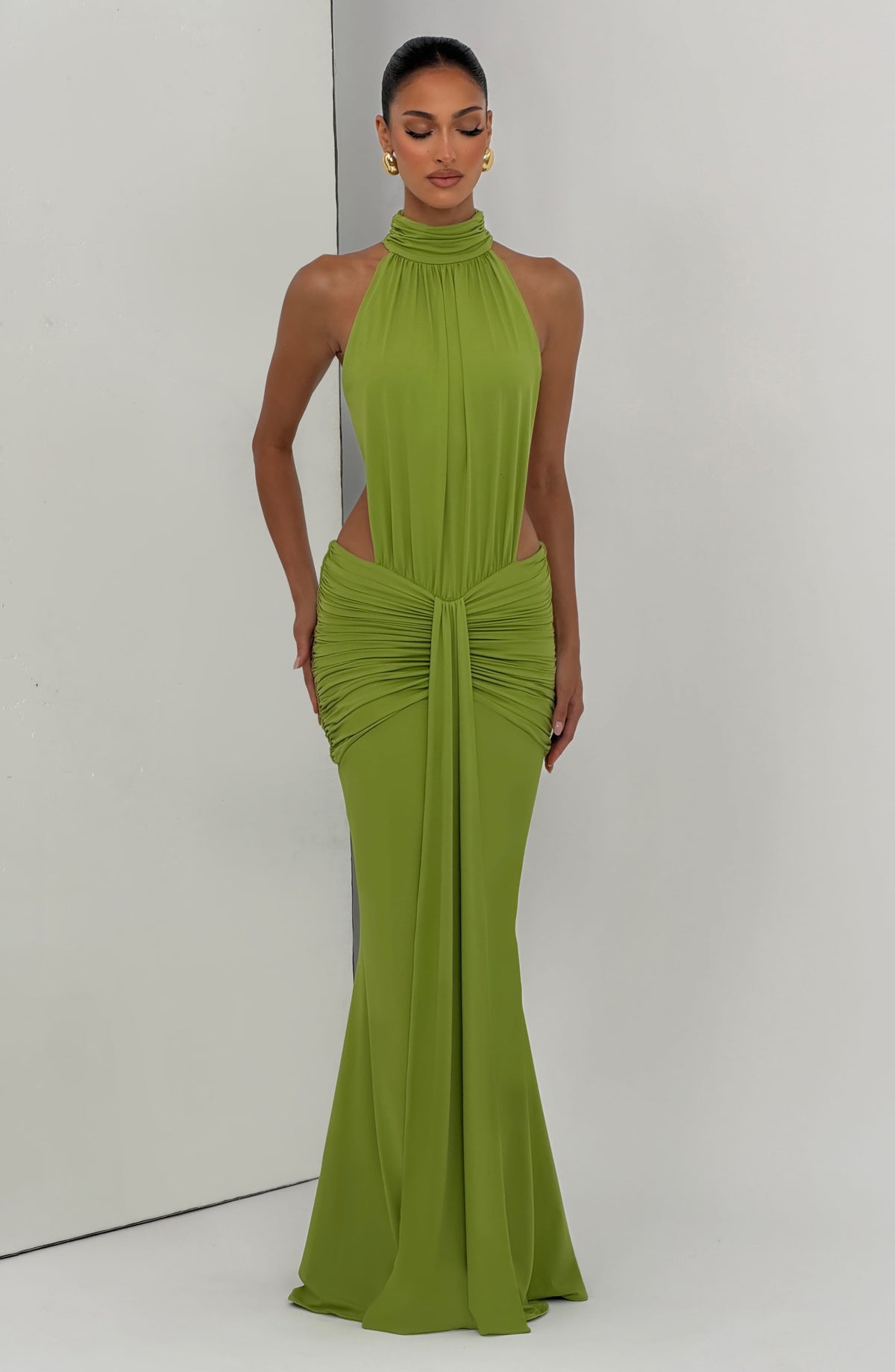 DIA Women's Dress Maxi Ruched Olive Slinky Jersey Evening