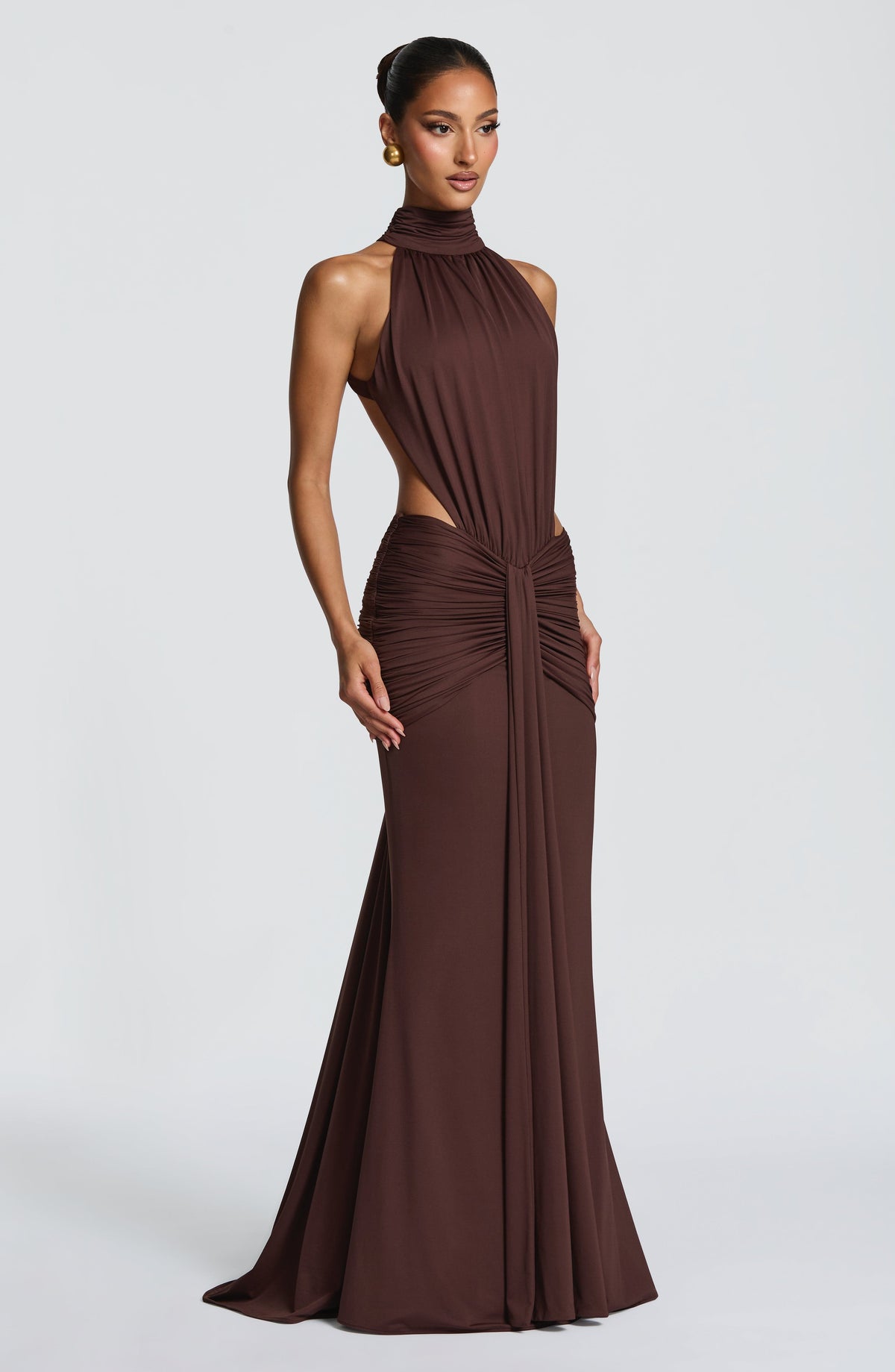 DIA Women's Dress Ruched Cut-out Plum Brown Slinky Jersey Evening