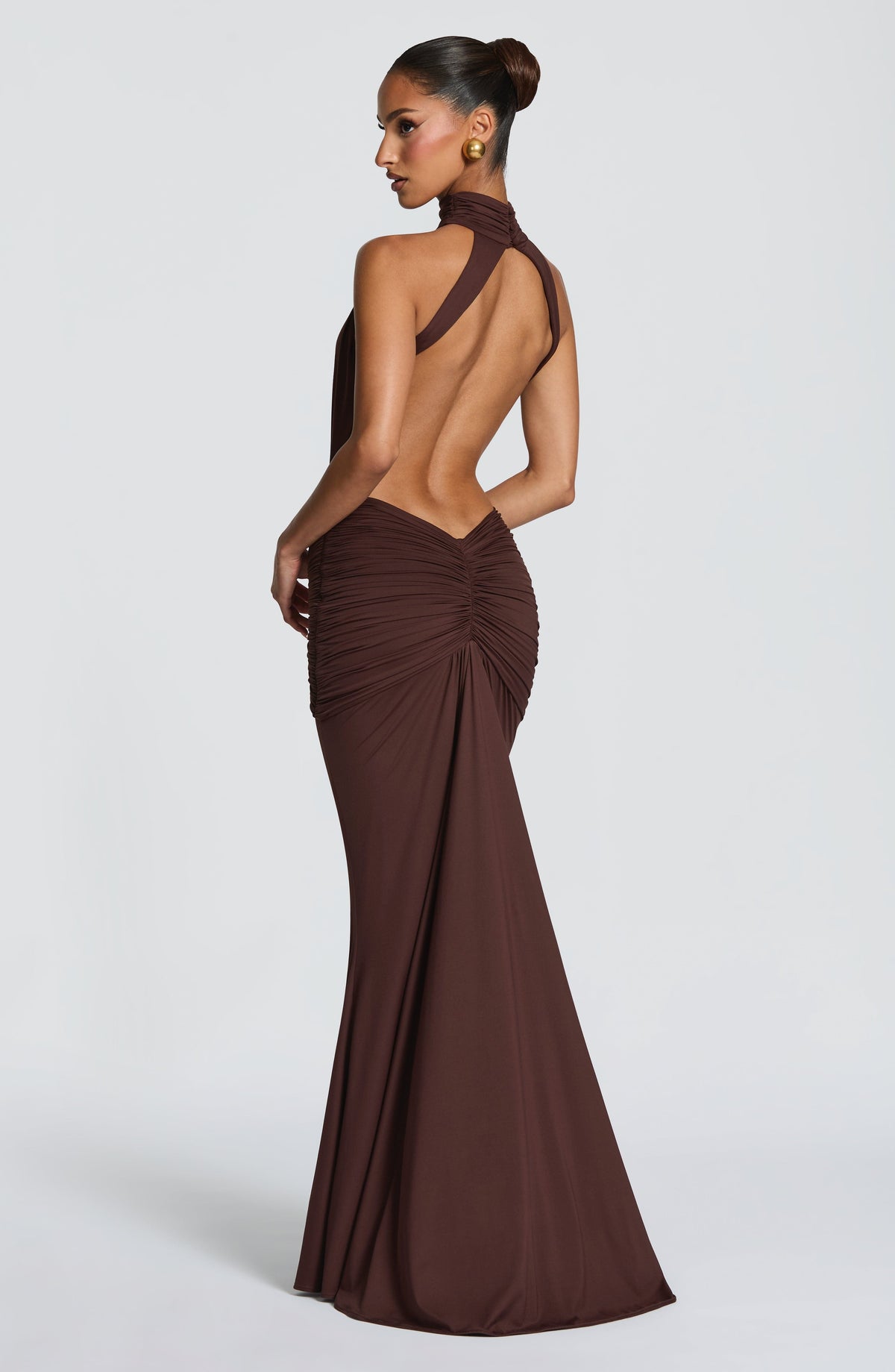 DIA Women's Dress Ruched Cut-out Plum Brown Slinky Jersey Evening