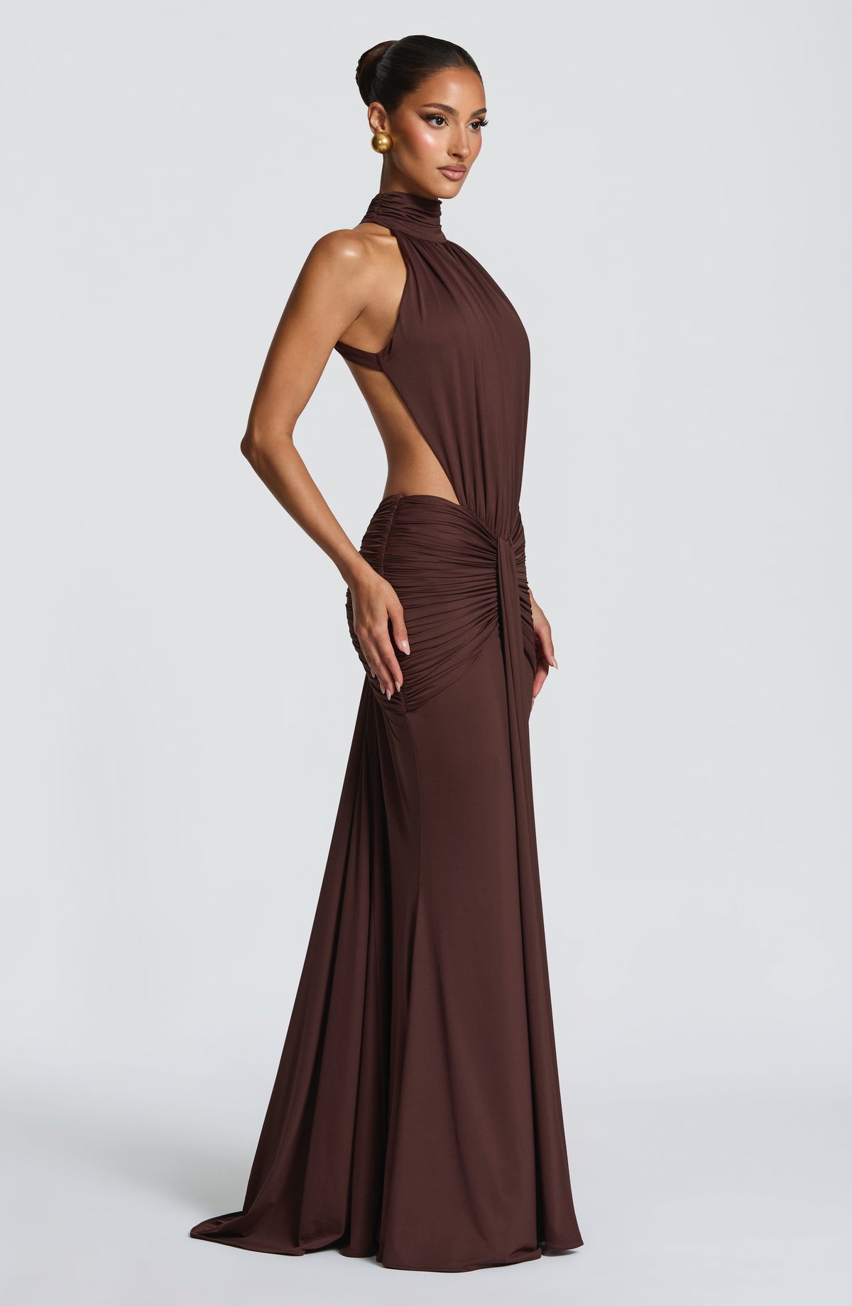 DIA Women's Dress Ruched Cut-out Plum Brown Slinky Jersey Evening