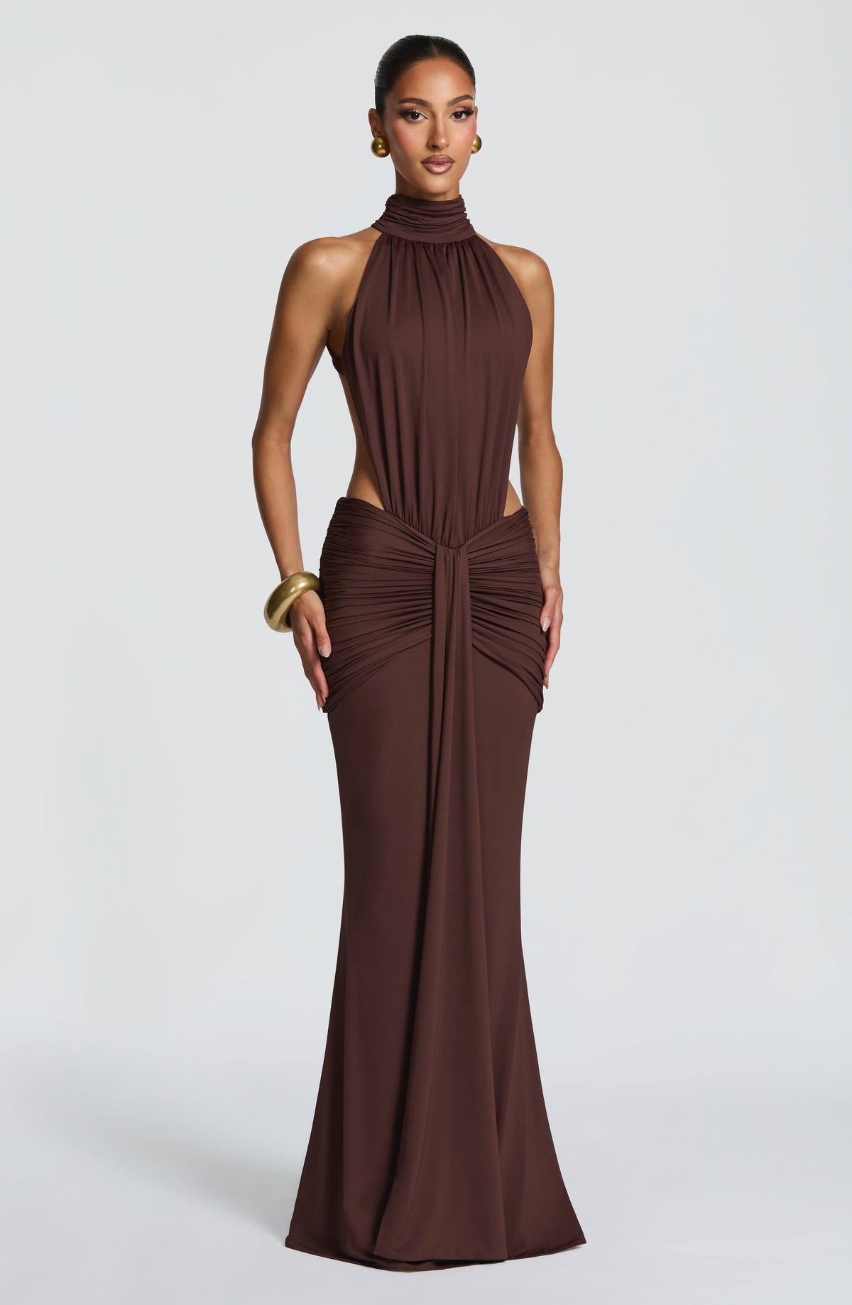 DIA Women's Dress Ruched Cut-out Plum Brown Slinky Jersey Evening