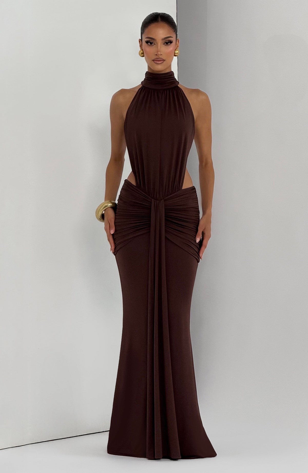 DIA Women's Dress Ruched Cut-out Plum Brown Slinky Jersey Evening