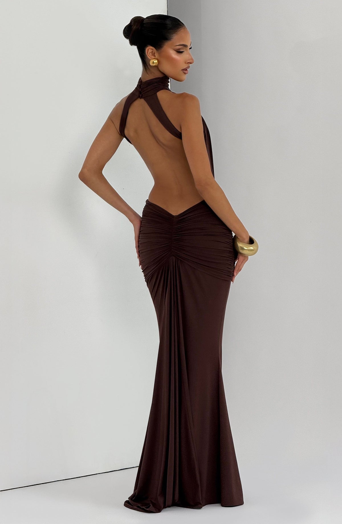 DIA Women's Dress Ruched Cut-out Plum Brown Slinky Jersey Evening