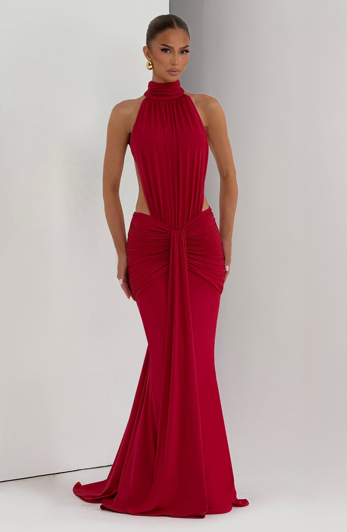 DIA Women's Dress Maxi Ruched Red Jersey Evening