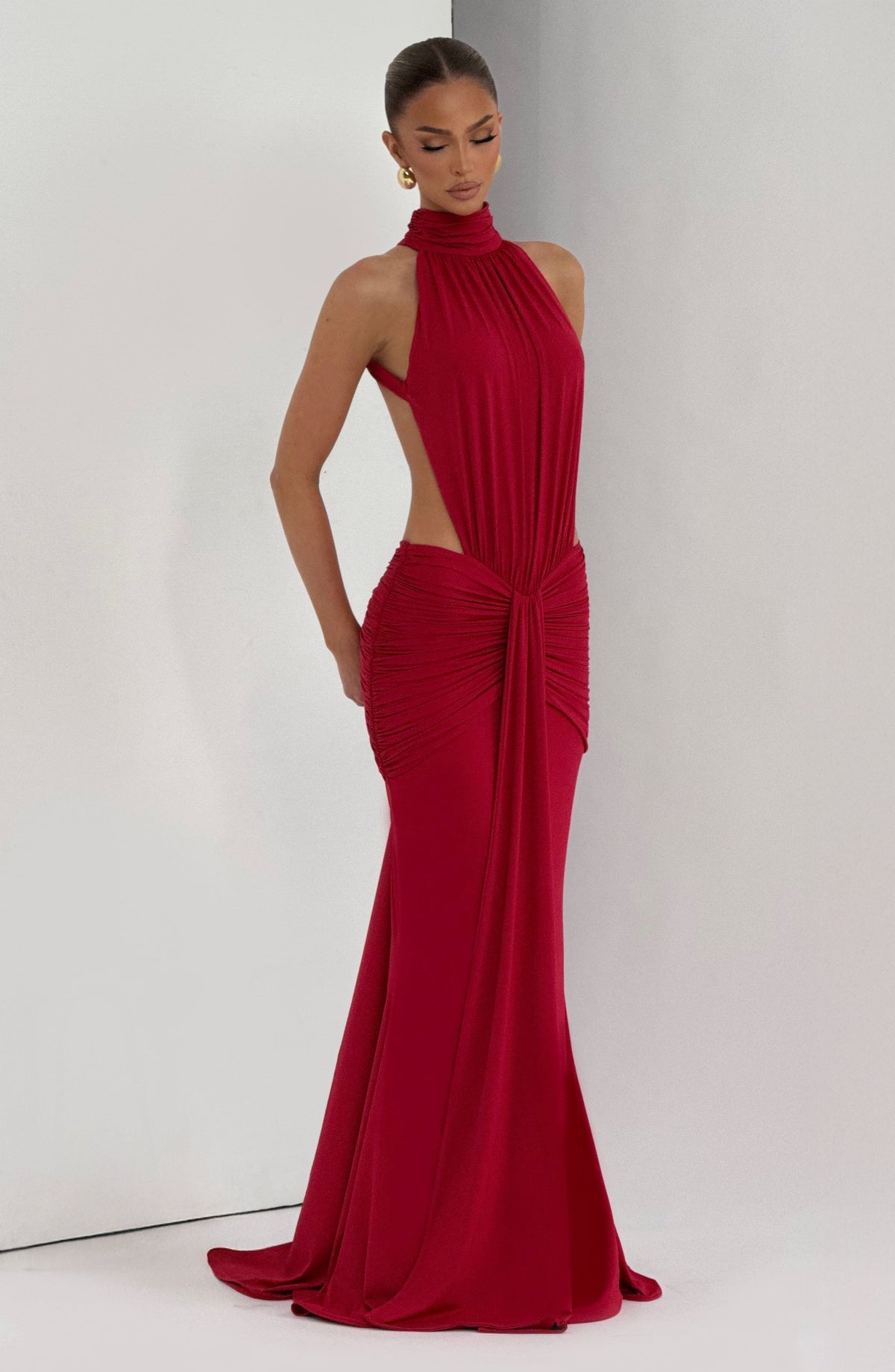 DIA Women's Dress Maxi Ruched Red Jersey Evening