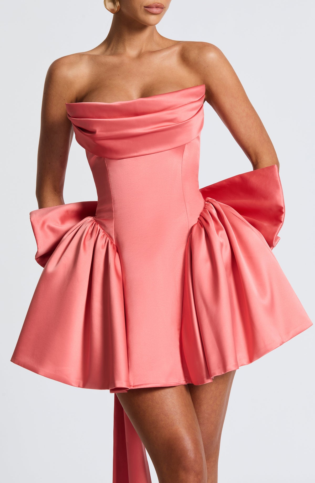 R.F Women's Dress Trinity Mini Coral Pink Stretch Satin Cocktail Party