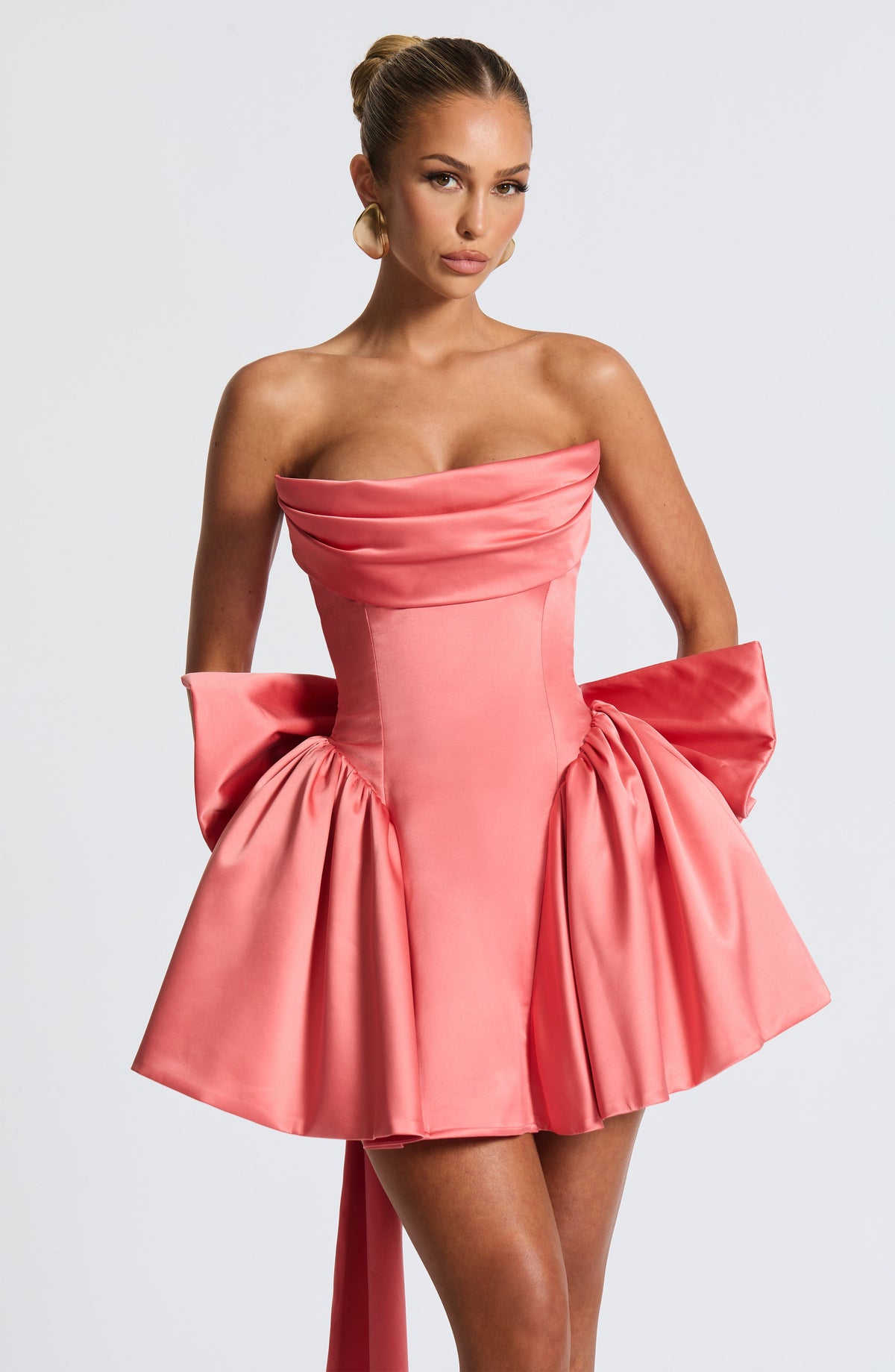 R.F Women's Dress Trinity Mini Coral Pink Stretch Satin Cocktail Party