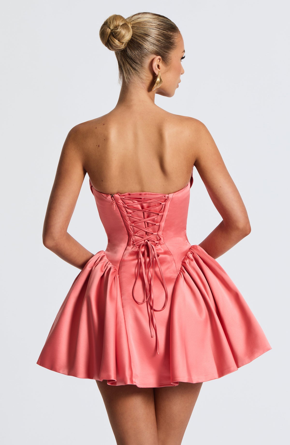 R.F Women's Dress Trinity Mini Coral Pink Stretch Satin Cocktail Party