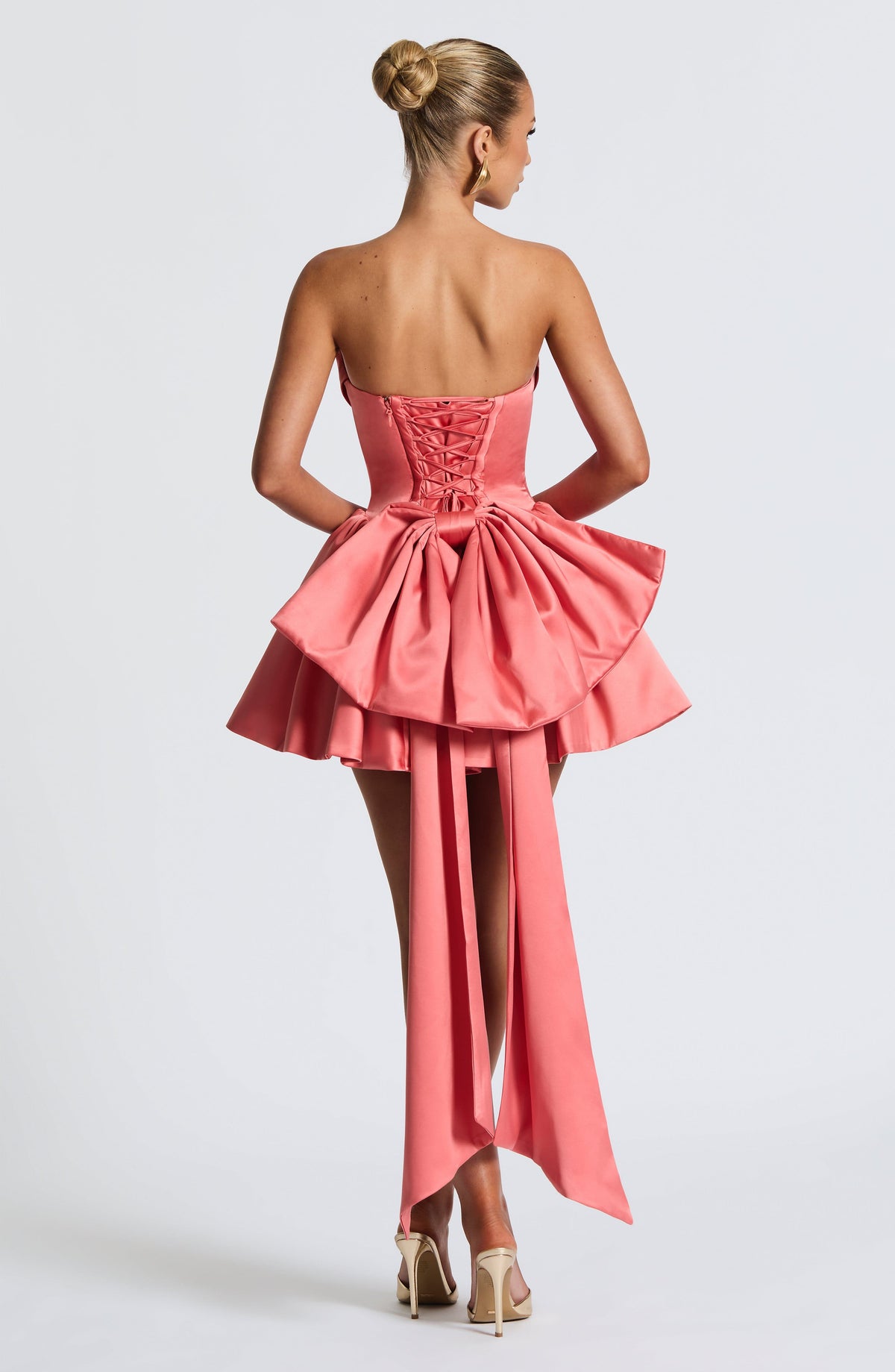 R.F Women's Dress Trinity Mini Coral Pink Stretch Satin Cocktail Party