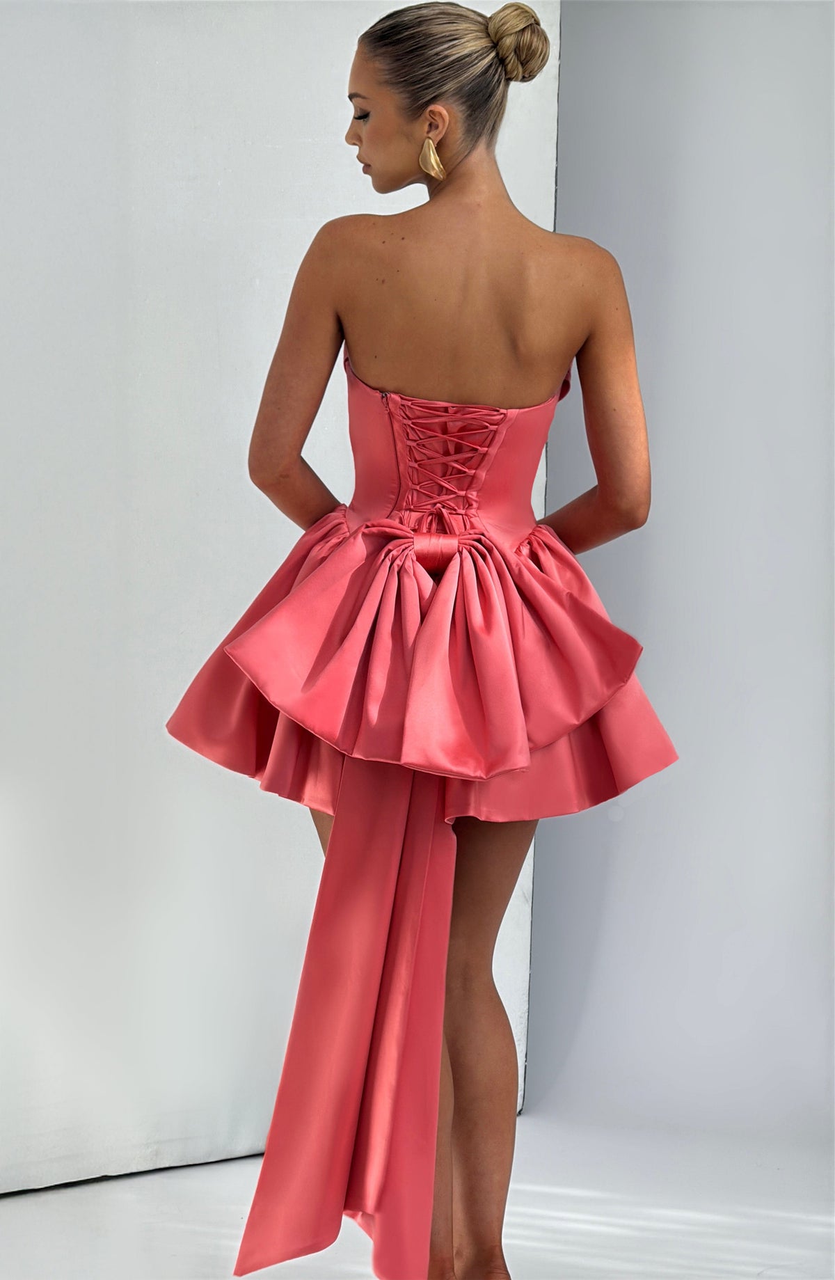 R.F Women's Dress Trinity Mini Coral Pink Stretch Satin Cocktail Party