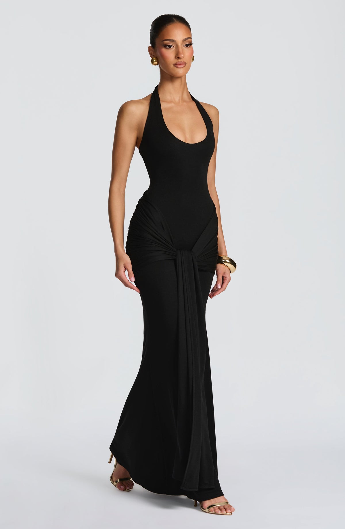 L.F Women's Dress Veneda Maxi Plunge Ruched Black Jersey Evening