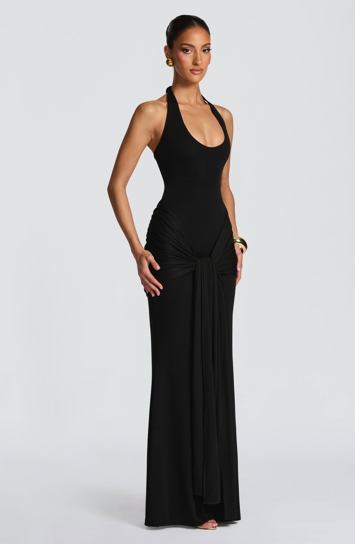 L.F Women's Dress Veneda Maxi Plunge Ruched Black Jersey Evening