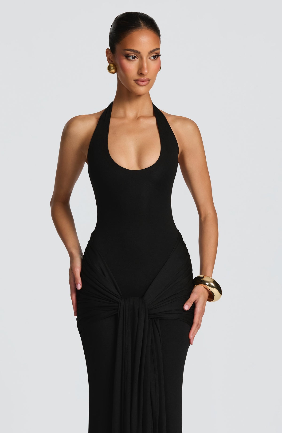 L.F Women's Dress Veneda Maxi Plunge Ruched Black Jersey Evening