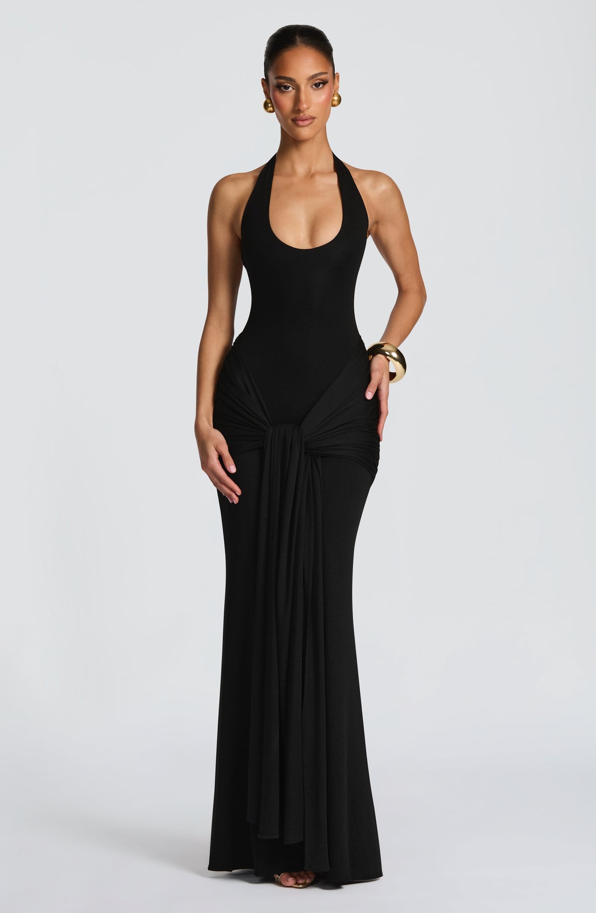 L.F Women's Dress Veneda Maxi Plunge Ruched Black Jersey Evening