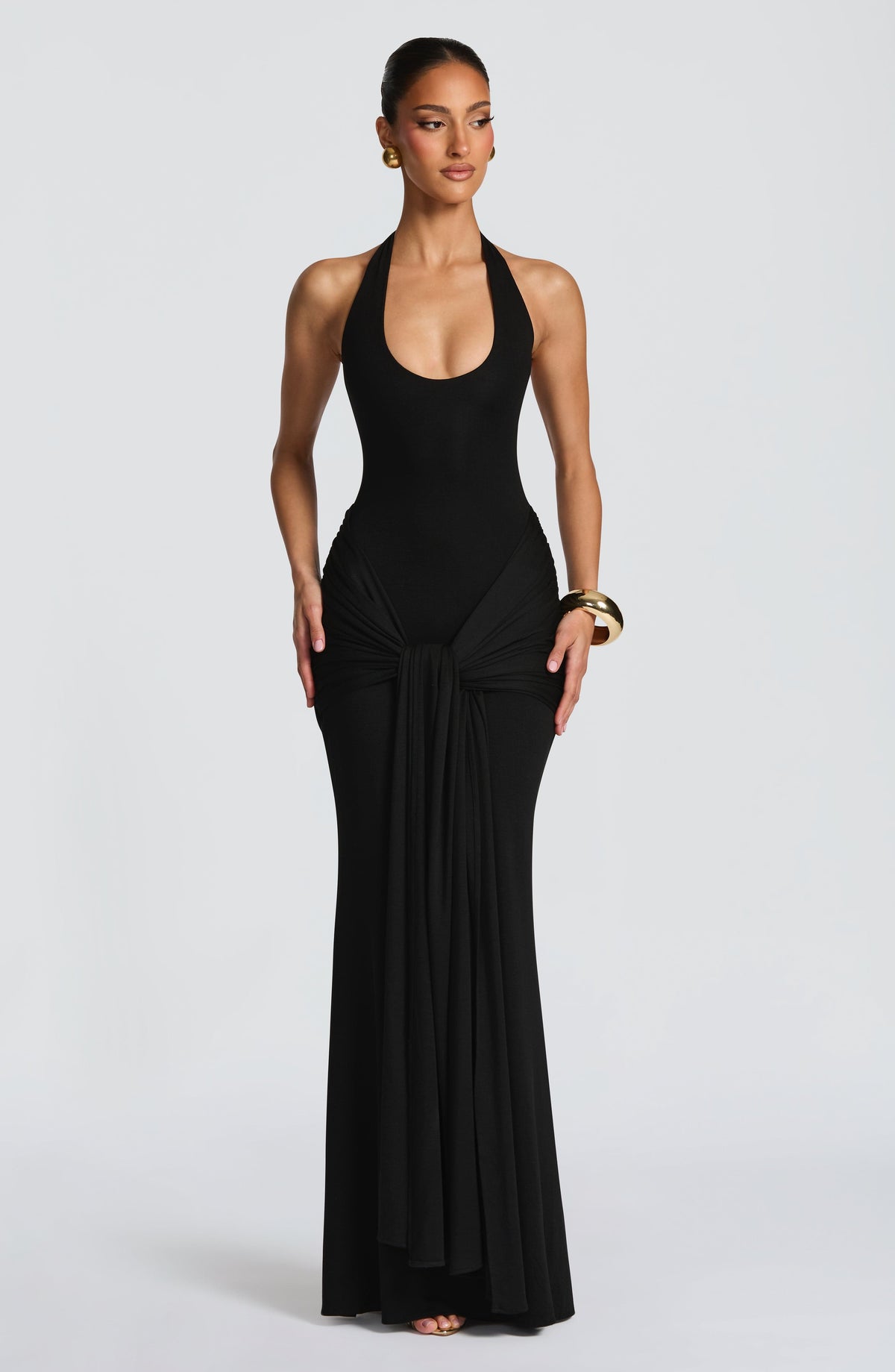 L.F Women's Dress Veneda Maxi Plunge Ruched Black Jersey Evening