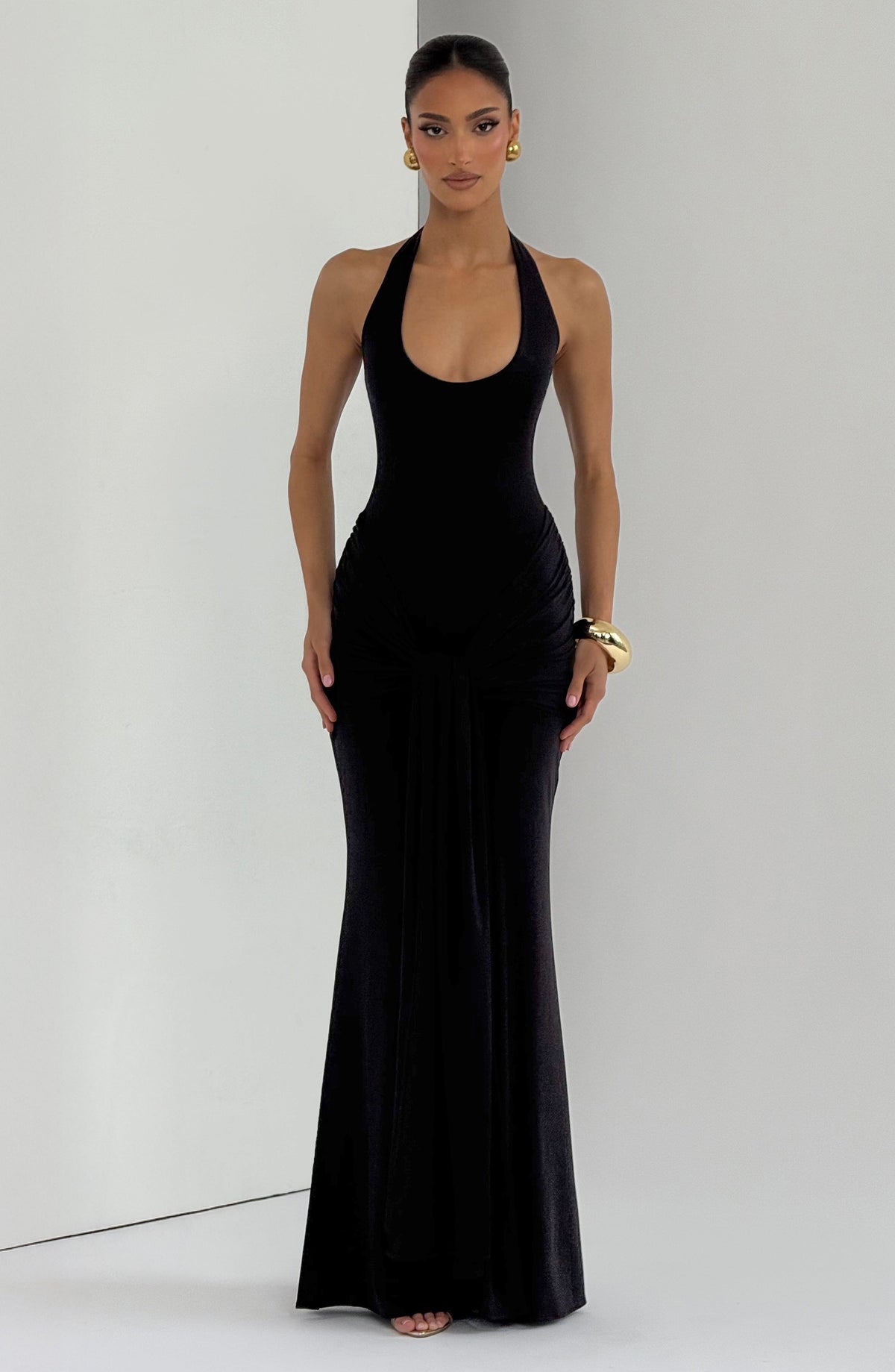 L.F Women's Dress Veneda Maxi Plunge Ruched Black Jersey Evening