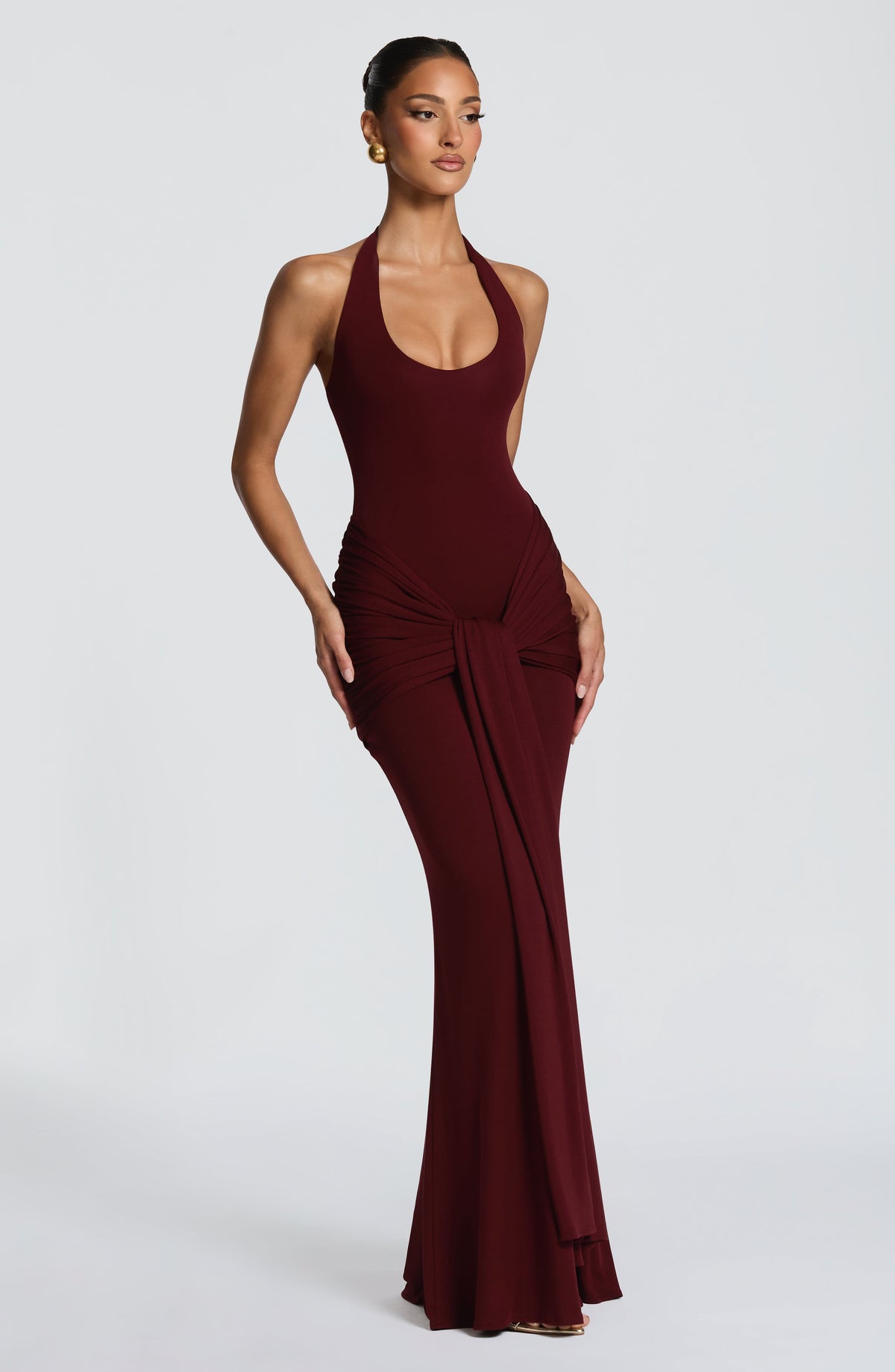 L.F Women's Dress Maxi Ruched Cherry Lacquer Modal Jersey Evening