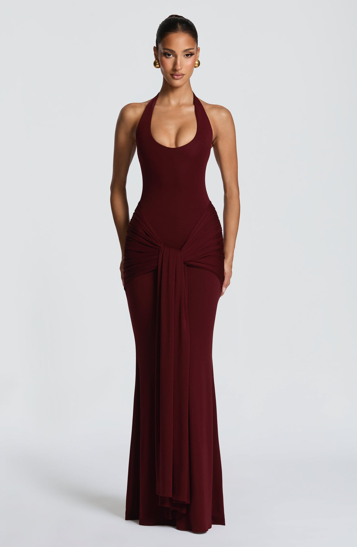 L.F Women's Dress Maxi Ruched Cherry Lacquer Modal Jersey Evening