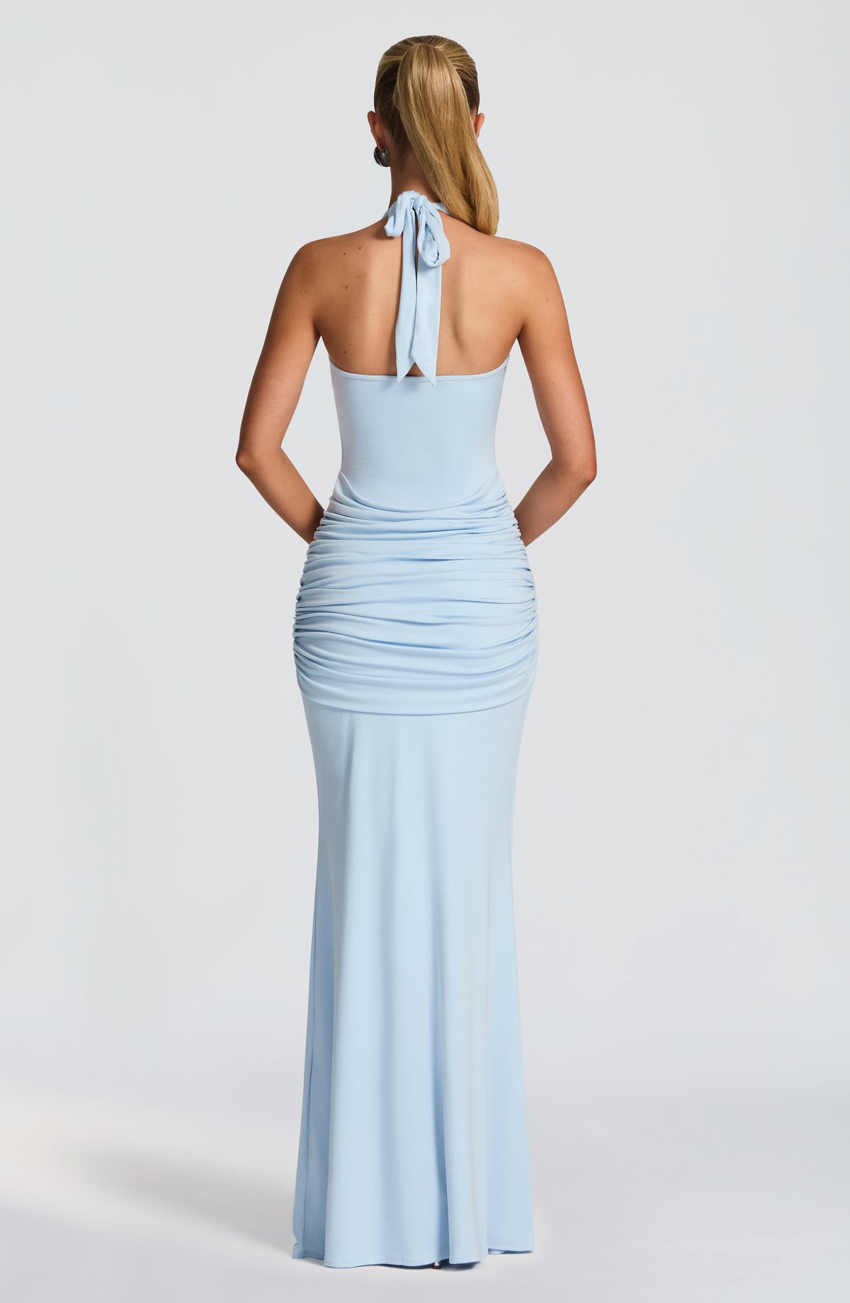 L.F Women's Dress Plunge Neckline Glacier Blue Ruched Jersey Evening