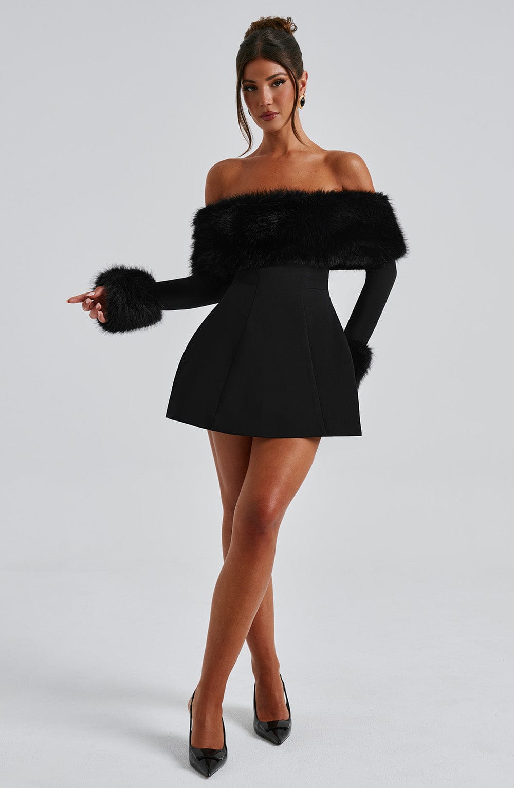M.T Women's Dress Bardot Bubble Hem Black Faux Fur Crepe Party