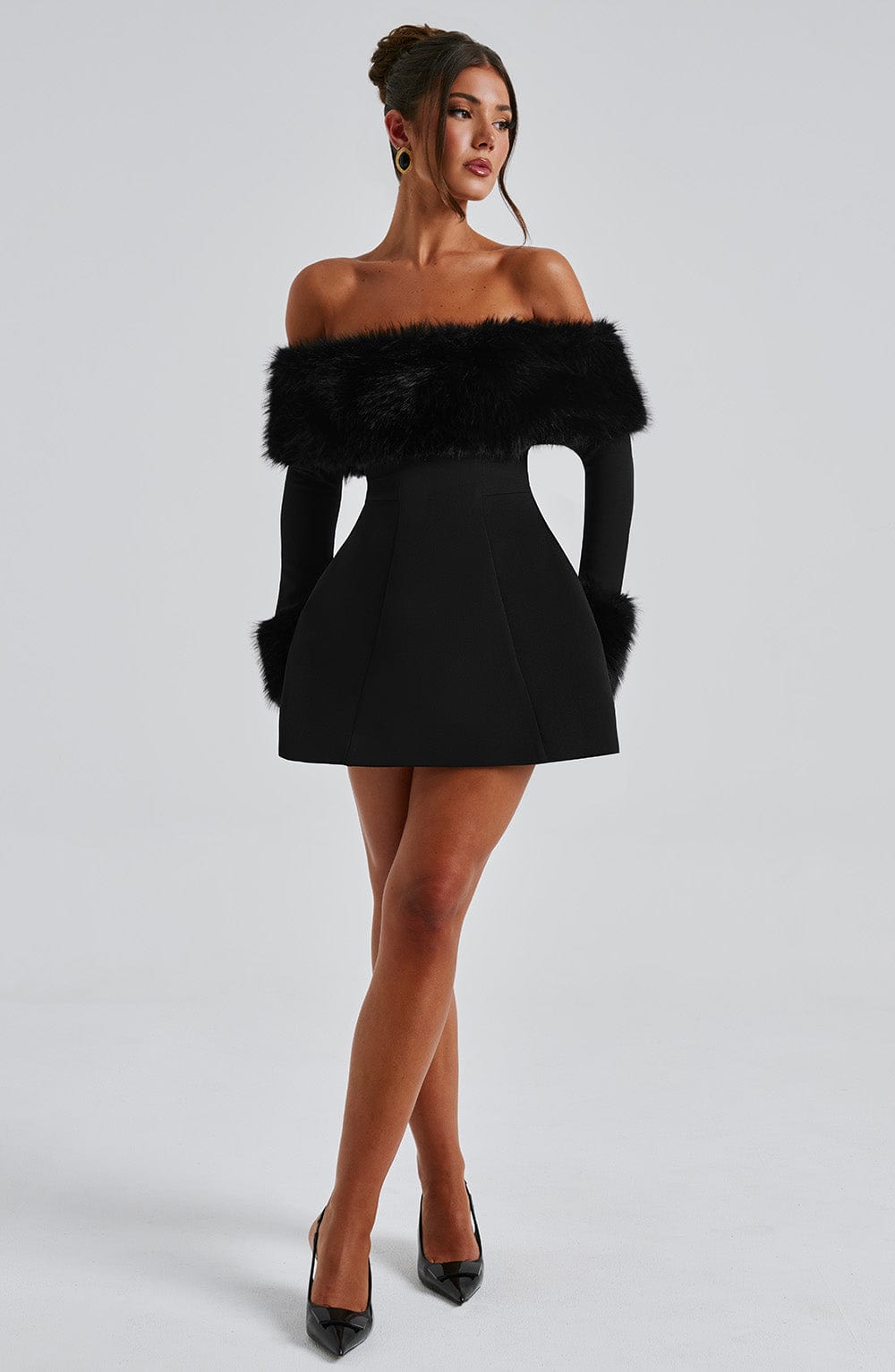 M.T Women's Dress Bardot Bubble Hem Black Faux Fur Crepe Party