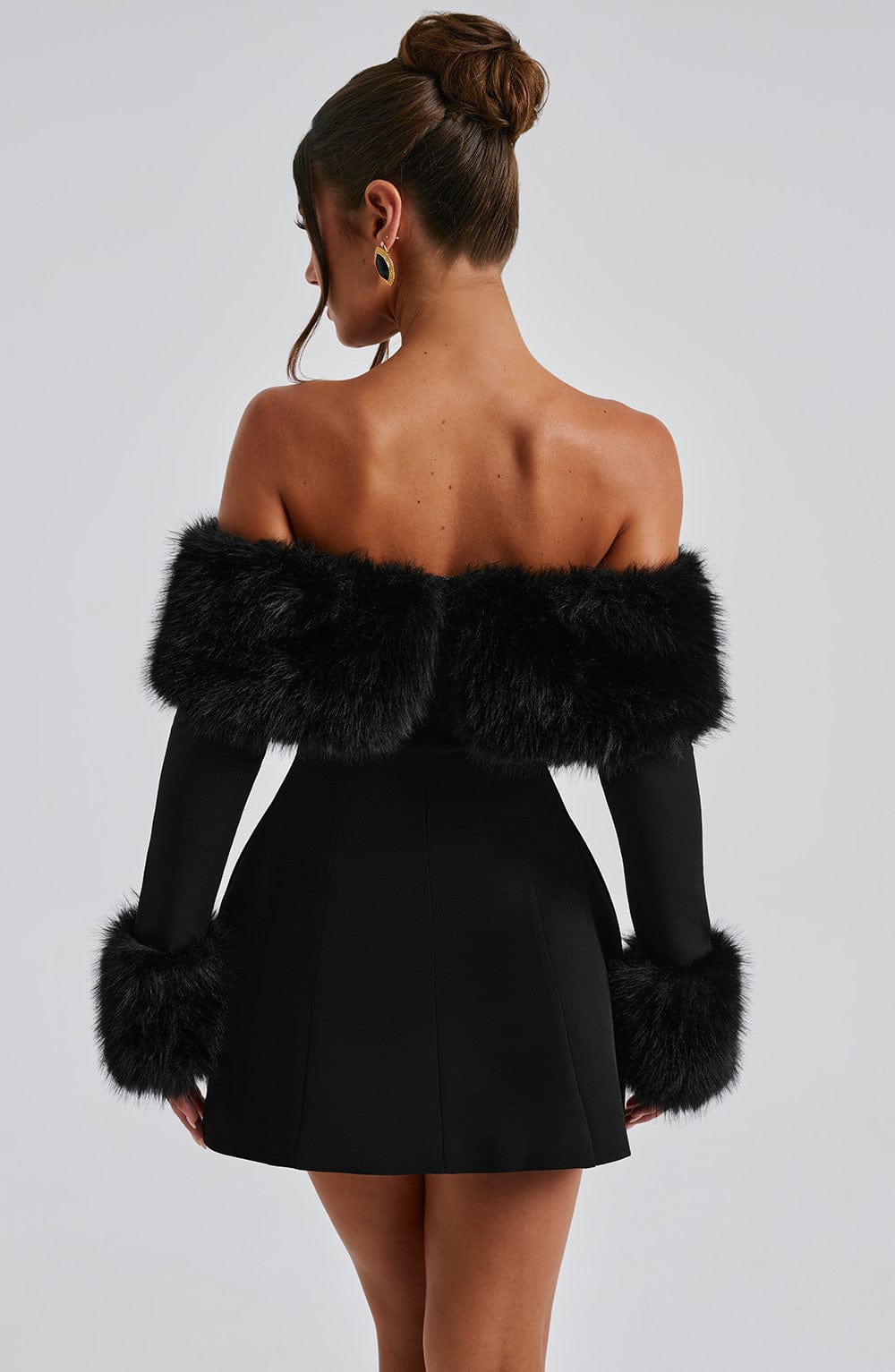 M.T Women's Dress Bardot Bubble Hem Black Faux Fur Crepe Party