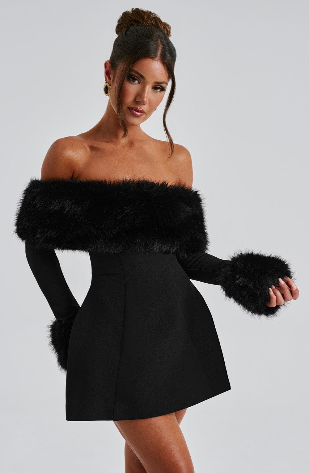 M.T Women's Dress Bardot Bubble Hem Black Faux Fur Crepe Party
