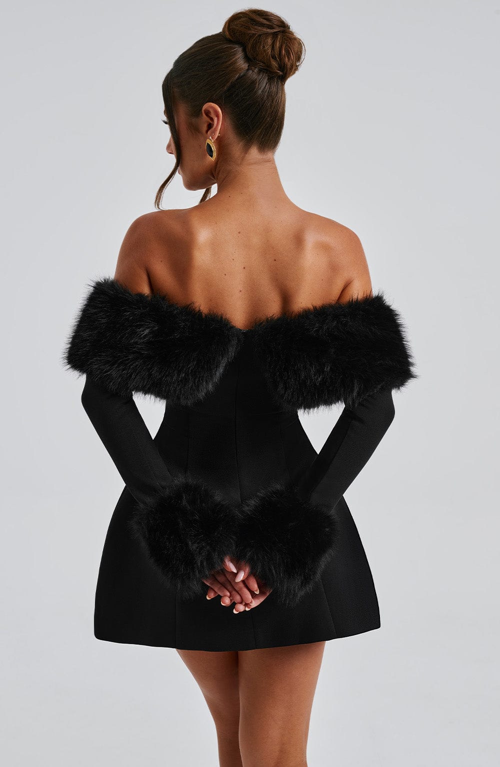 M.T Women's Dress Bardot Bubble Hem Black Faux Fur Crepe Party