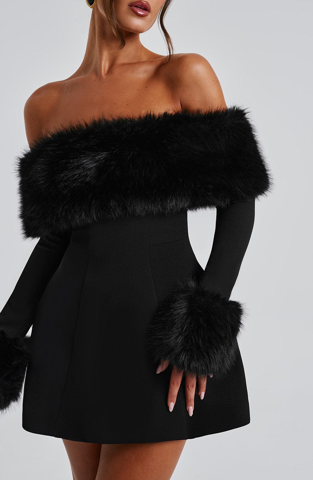 M.T Women's Dress Bardot Bubble Hem Black Faux Fur Crepe Party