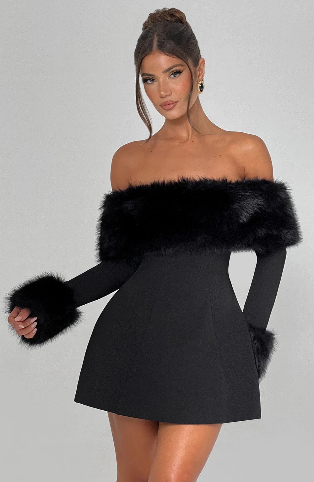 M.T Women's Dress Bardot Bubble Hem Black Faux Fur Crepe Party