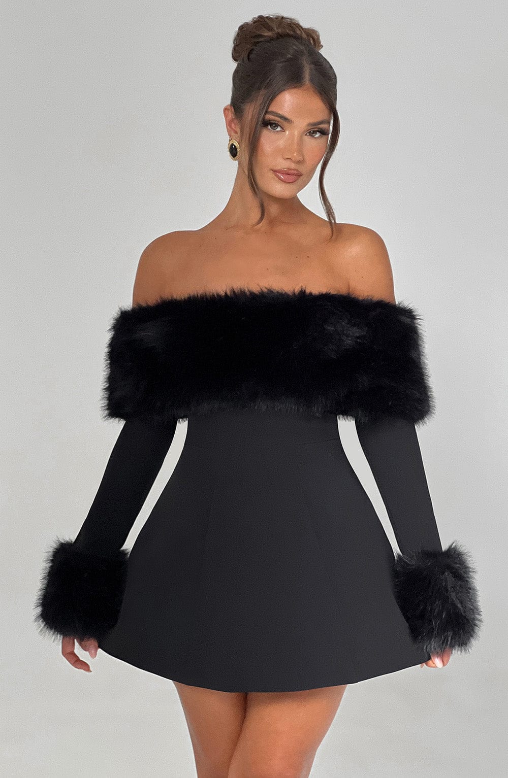M.T Women's Dress Bardot Bubble Hem Black Faux Fur Crepe Party