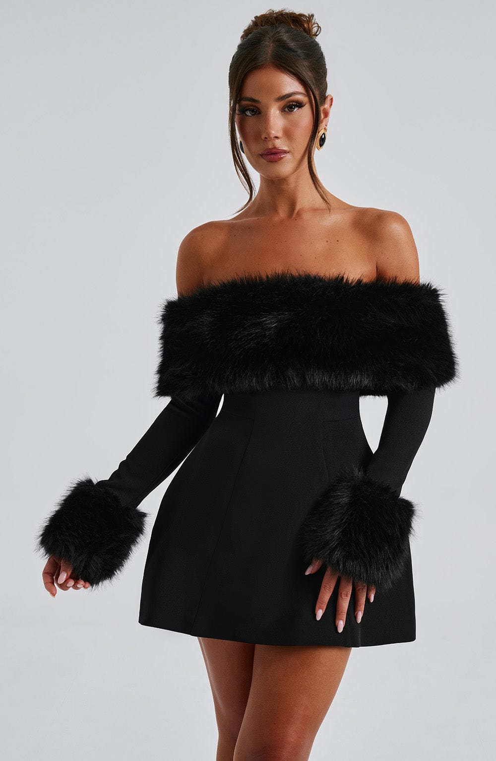 M.T Women's Dress Bardot Bubble Hem Black Faux Fur Crepe Party