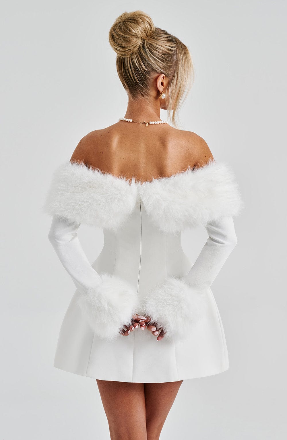 M.T Women's Dress Bardot Bubble Hem Ivory Faux Fur Party