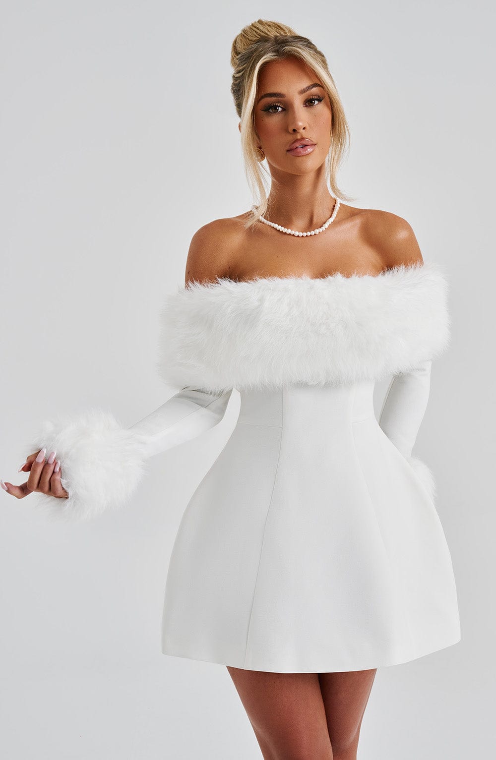 M.T Women's Dress Bardot Bubble Hem Ivory Faux Fur Party
