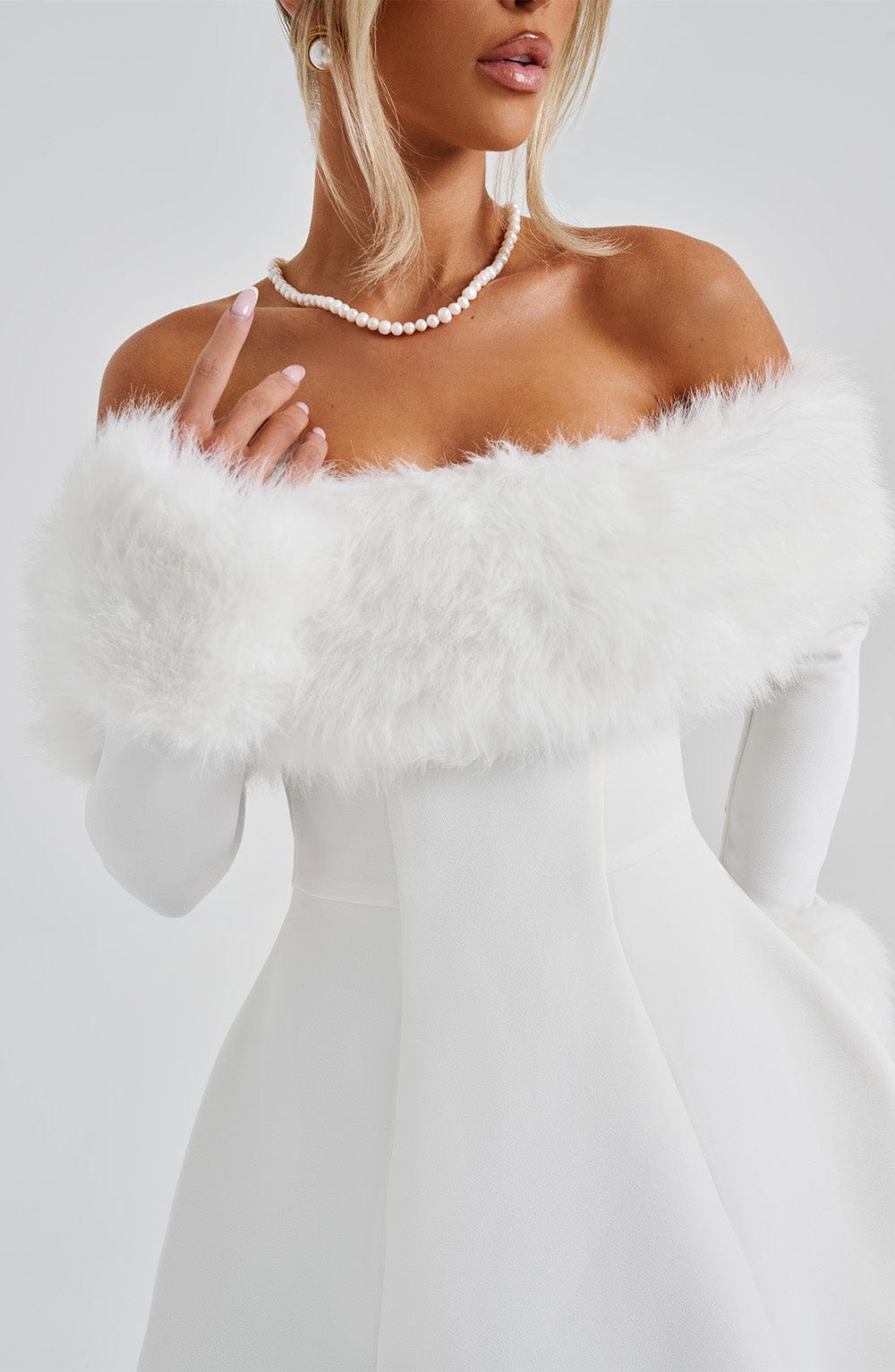 M.T Women's Dress Bardot Bubble Hem Ivory Faux Fur Party