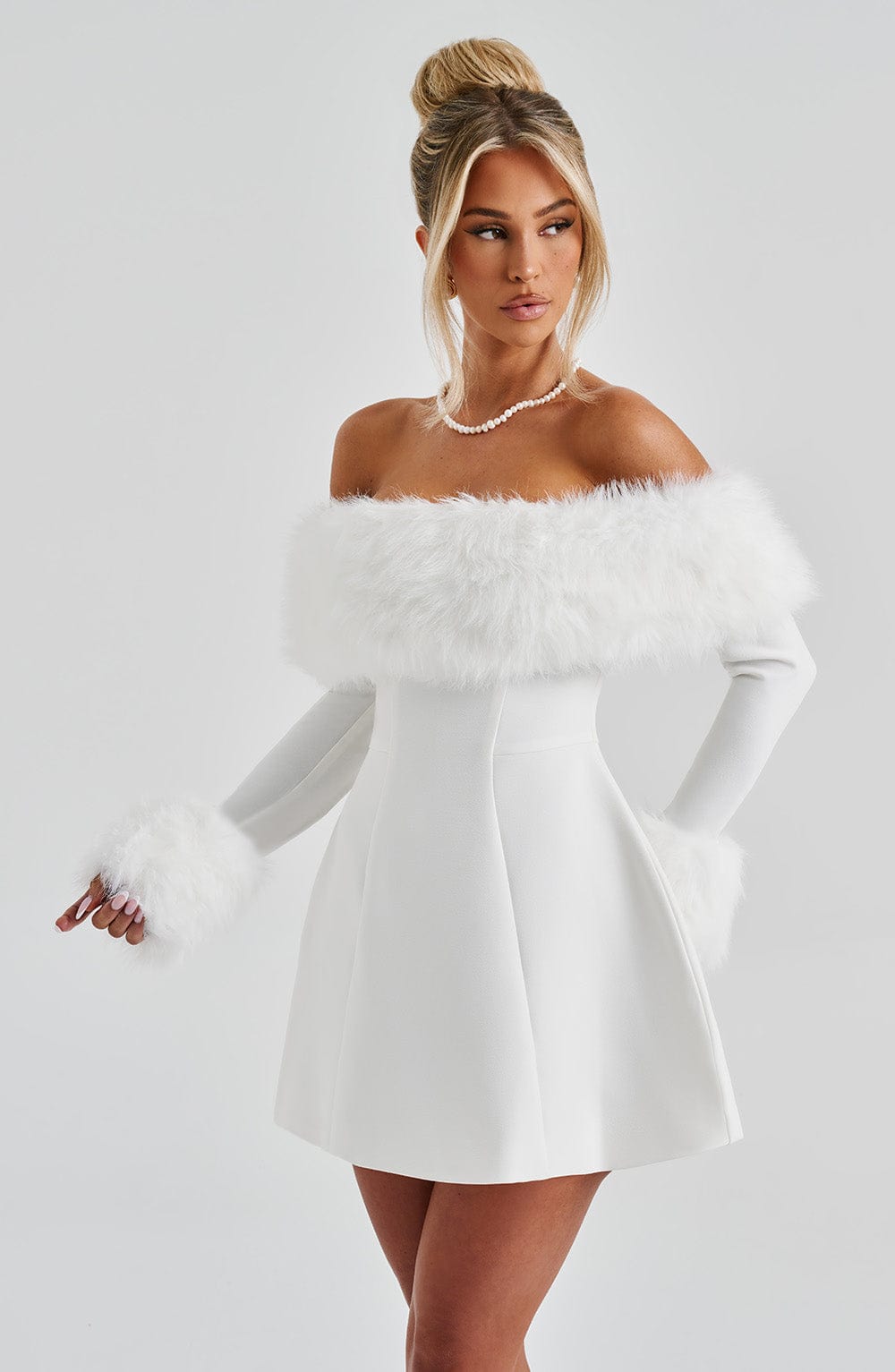 M.T Women's Dress Bardot Bubble Hem Ivory Faux Fur Party