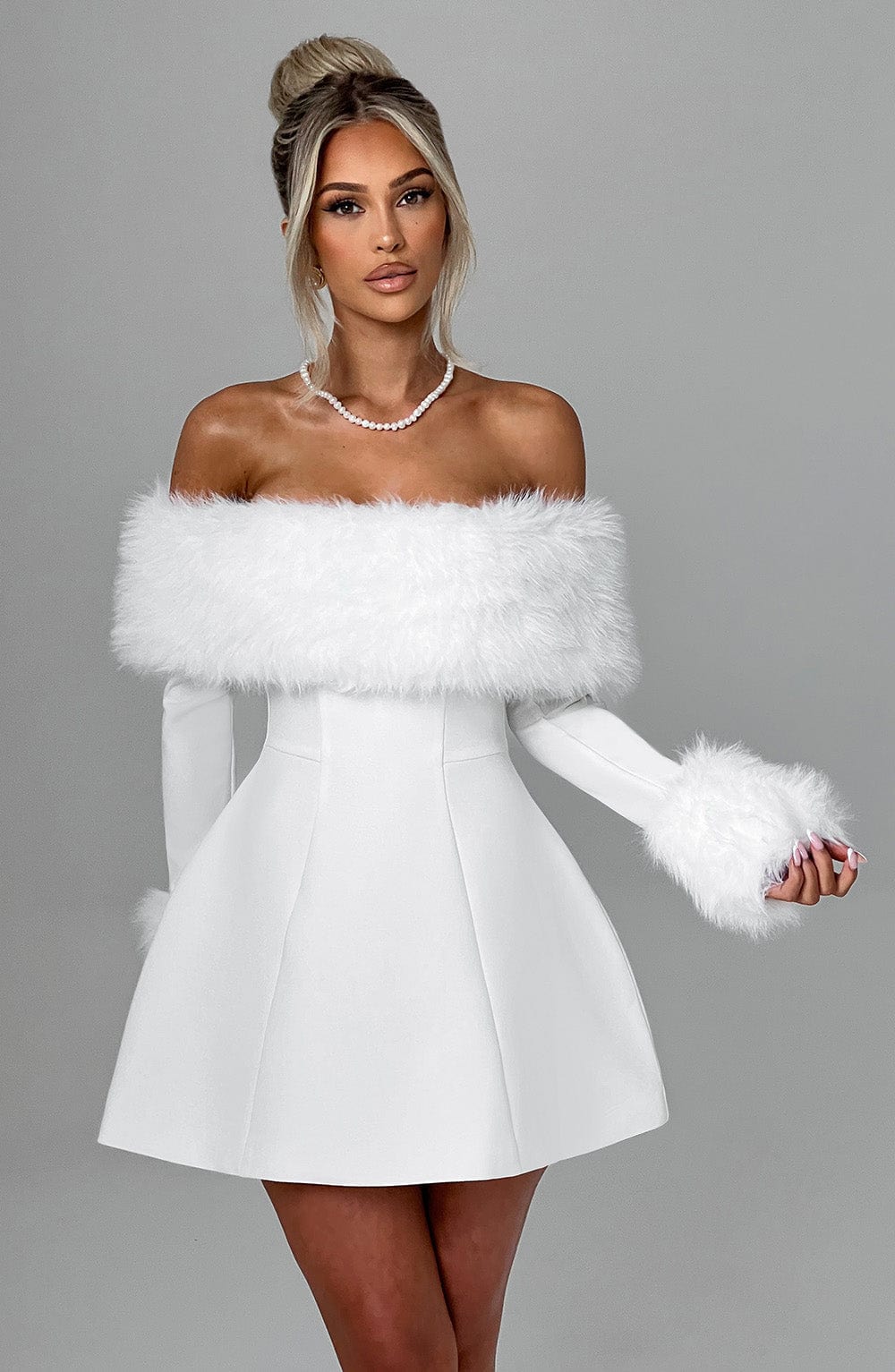 M.T Women's Dress Bardot Bubble Hem Ivory Faux Fur Party