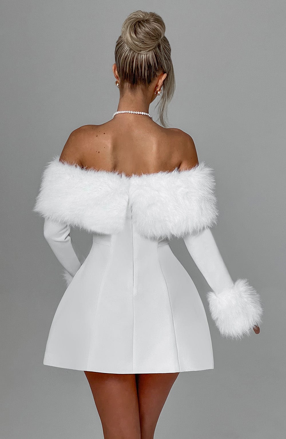 M.T Women's Dress Bardot Bubble Hem Ivory Faux Fur Party